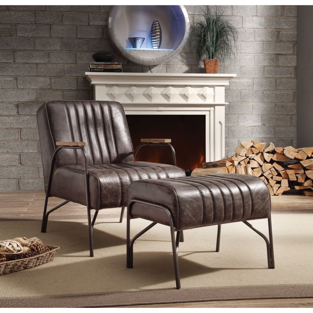 The Sarahi accent chair with ottoman sets you up for a relaxing evening. Constructed with full foam cushions upholstered in top grain leather, the Sarahi is supported by airy metal curved armrests and legs.