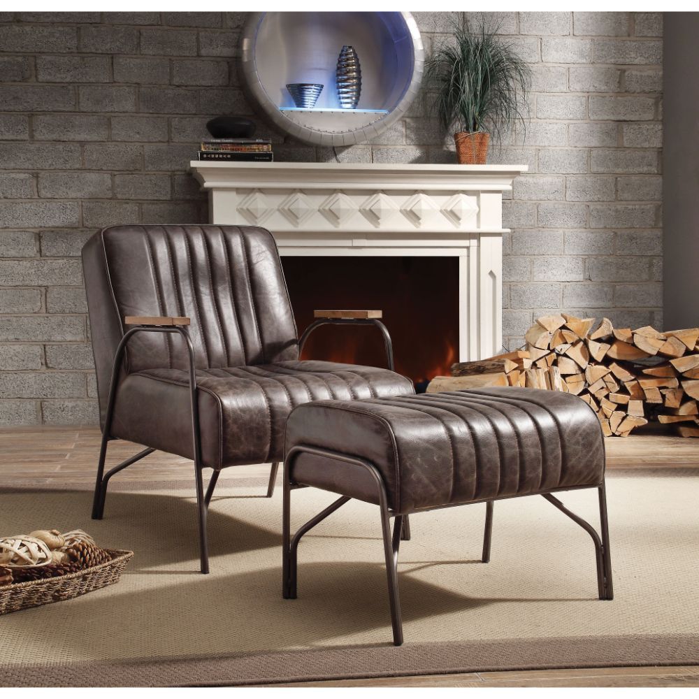 ACME The Sarahi accent chair with ottoman sets you up for a relaxing evening. Constructed with full foam cushions upholstered in top grain leather, the Sarahi is supported by airy metal curved armrests and legs. | Meri Furniture
