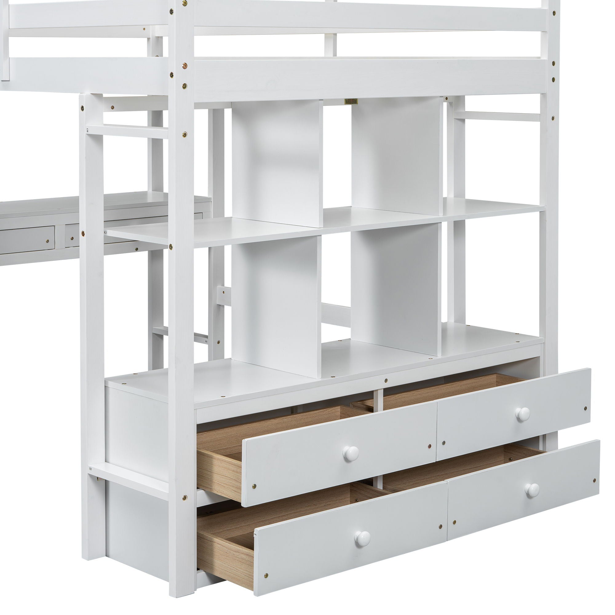 Full Size Loft Bed With Built In Desk, 2 Drawers, Storage Shelves - White