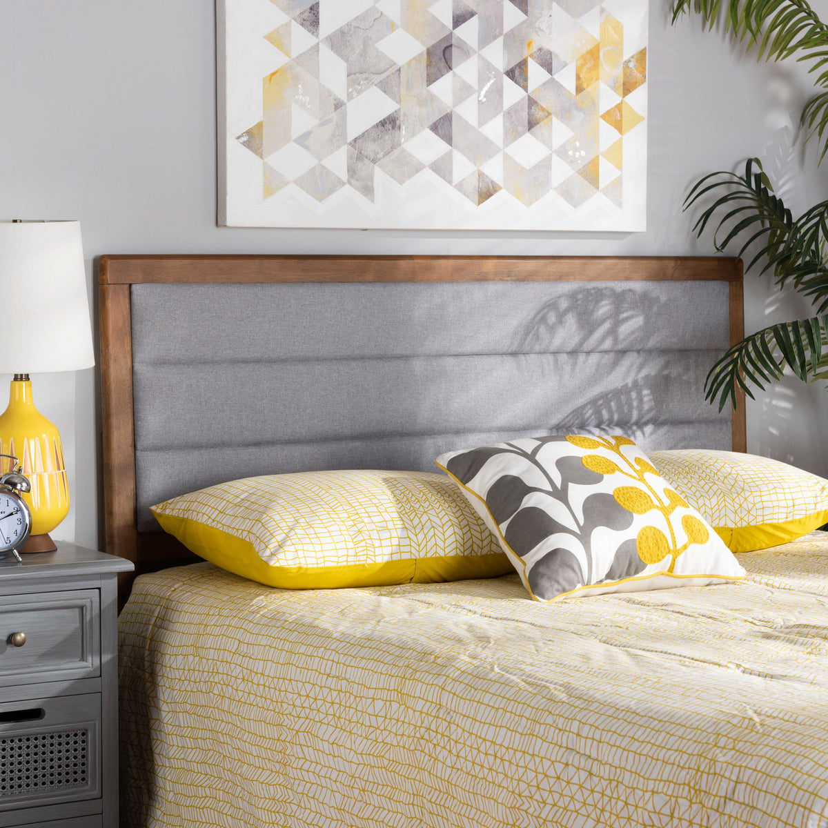 Dexter Modern and Contemporary Light Grey Fabric Upholstered and Walnut Brown Finished Wood Queen Size Headboard