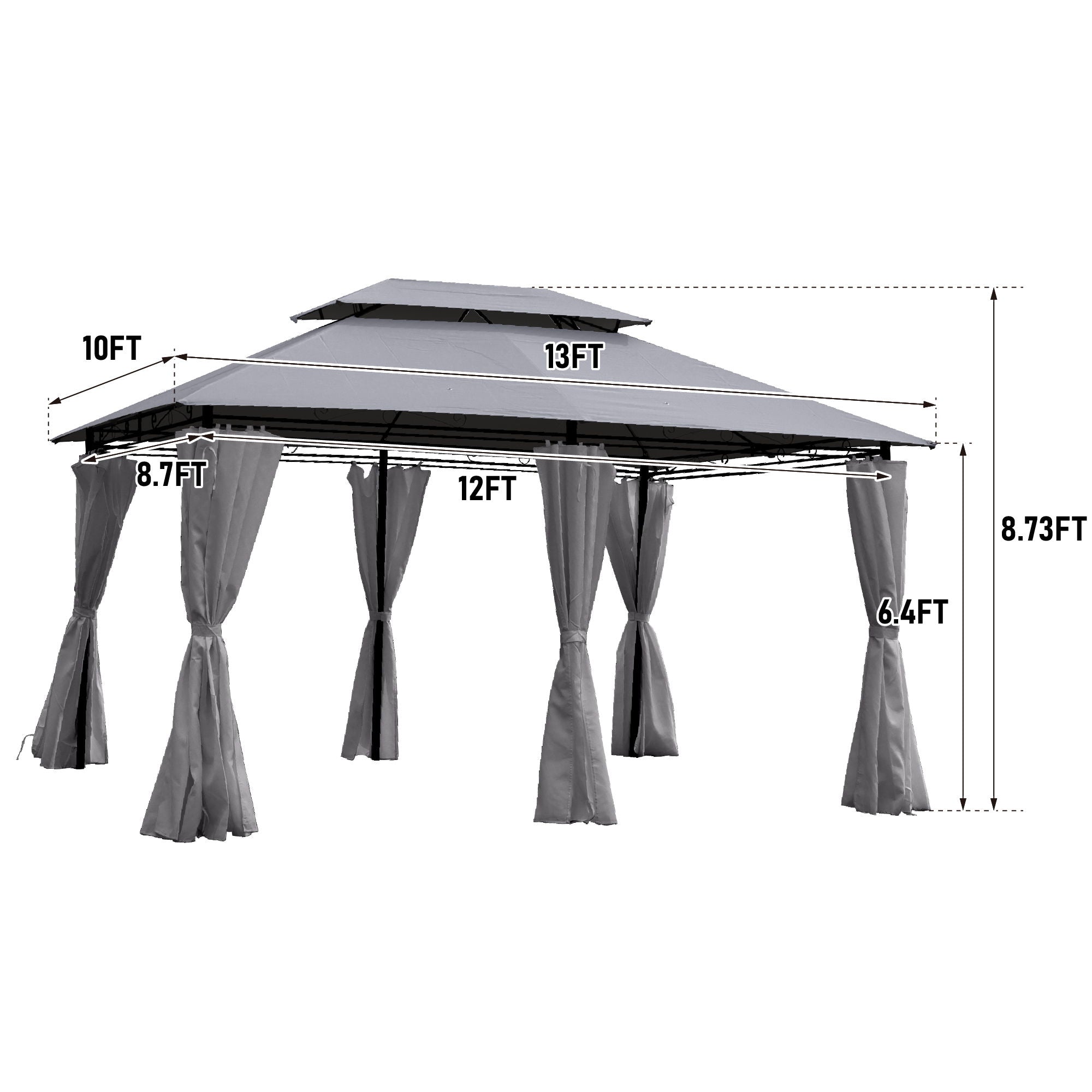 13 0 Ft Outdoor Patio Gazebo Canopy Tent With Ventilated Double Roof And Side Wall (Detachable Curtain Included On All Sides) Suitable For Lawn Garden Backyard And Deck - Gray