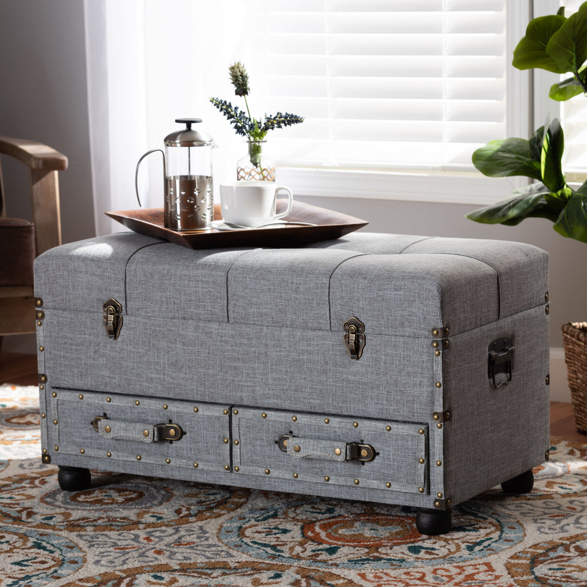 Flynn Modern Transitional Grey Fabric Upholstered 2-Drawer Storage Trunk Ottoman