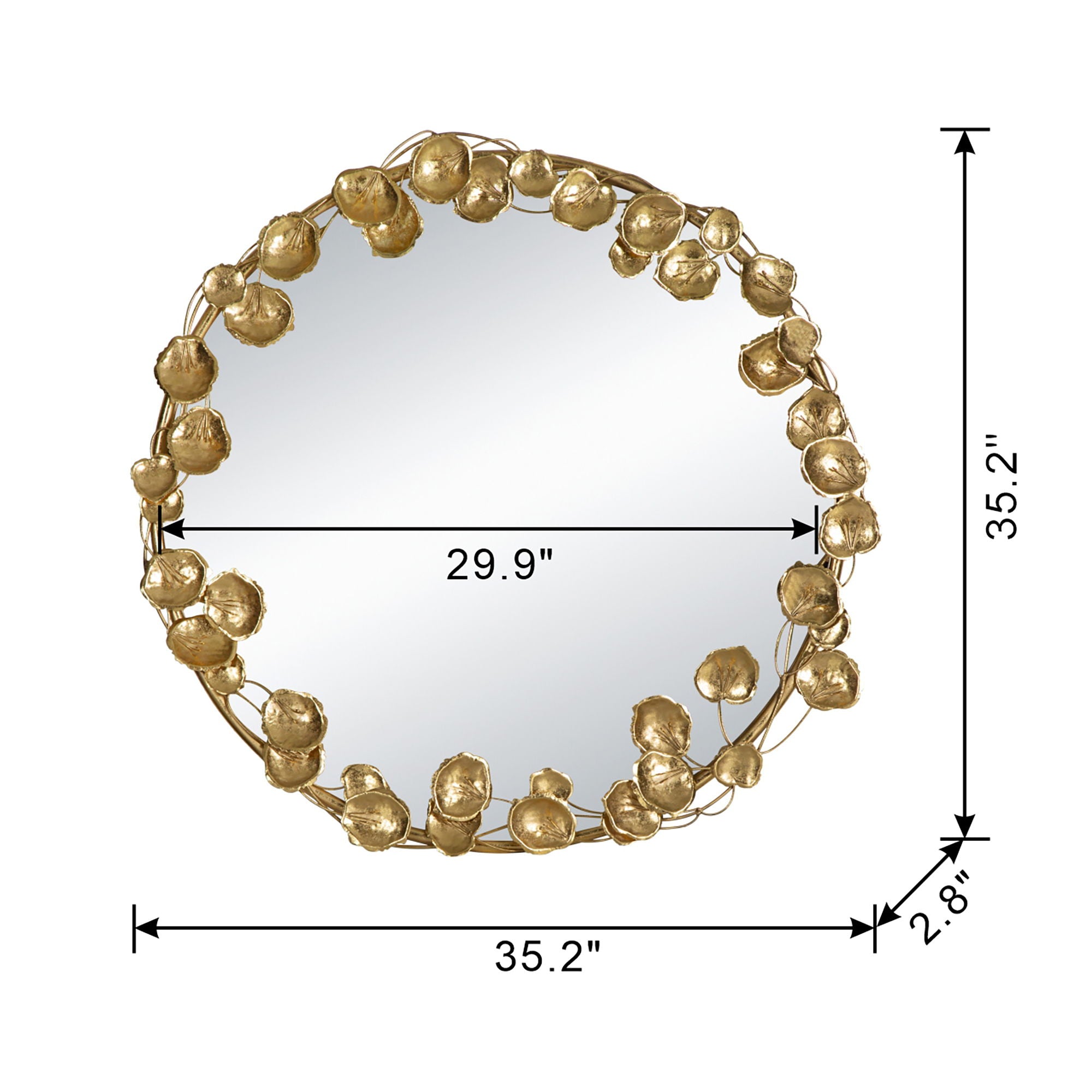 Round Metal Wall Mirror With en Leaf Accents, Modern Decor Mirror For Living Room Entryway Hallway - Gold