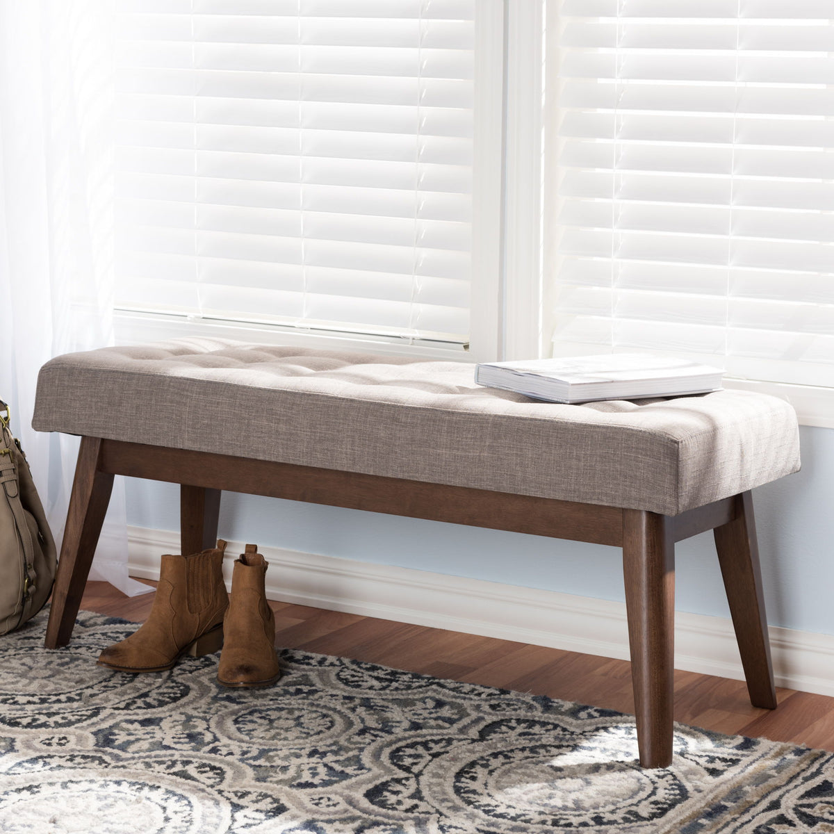 Elia Mid-Century Modern Walnut Wood Light Grey Fabric Button-Tufted Bench