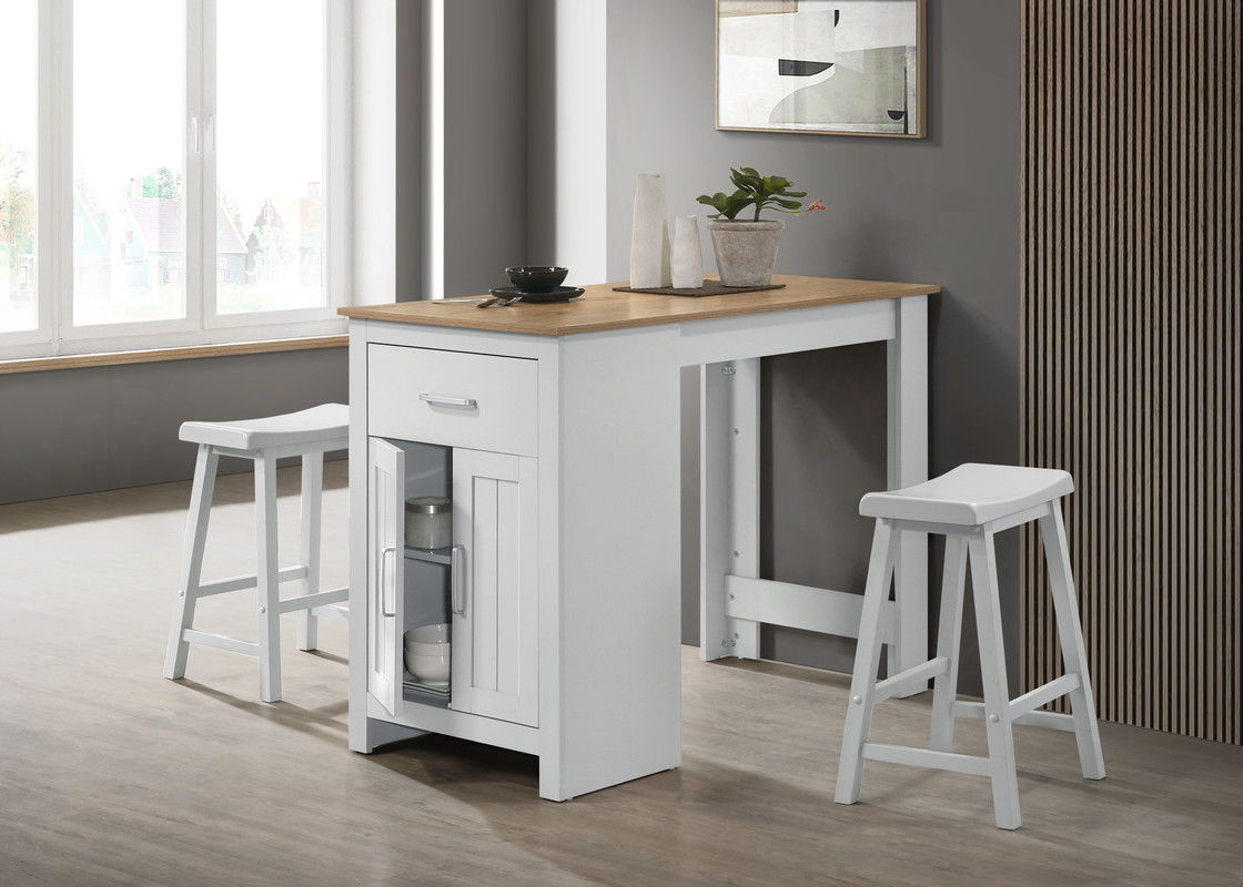 Alonzo 47" Oak and White Finish Small Space Counter Height Dining Table with Cabinet, Drawer, and 2 Ergonomic Counter Stools