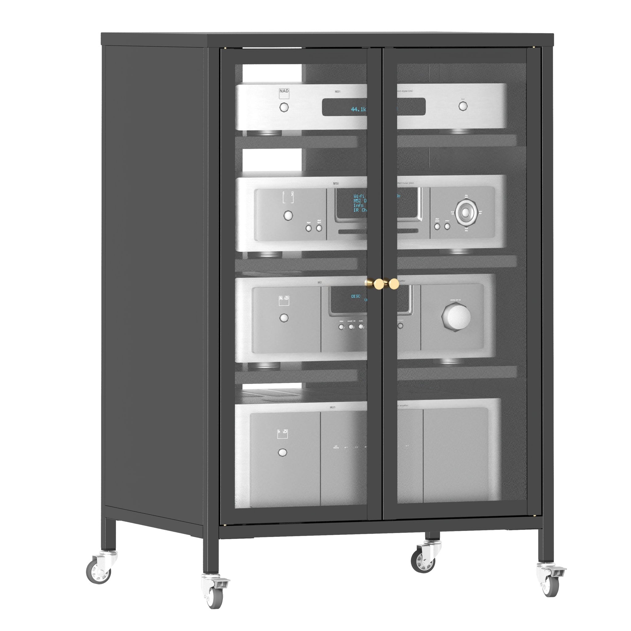 Media Storage Cabinet With Wheels, 4 Adjustable Glass Shelves & Door, Heavy-Duty - Black