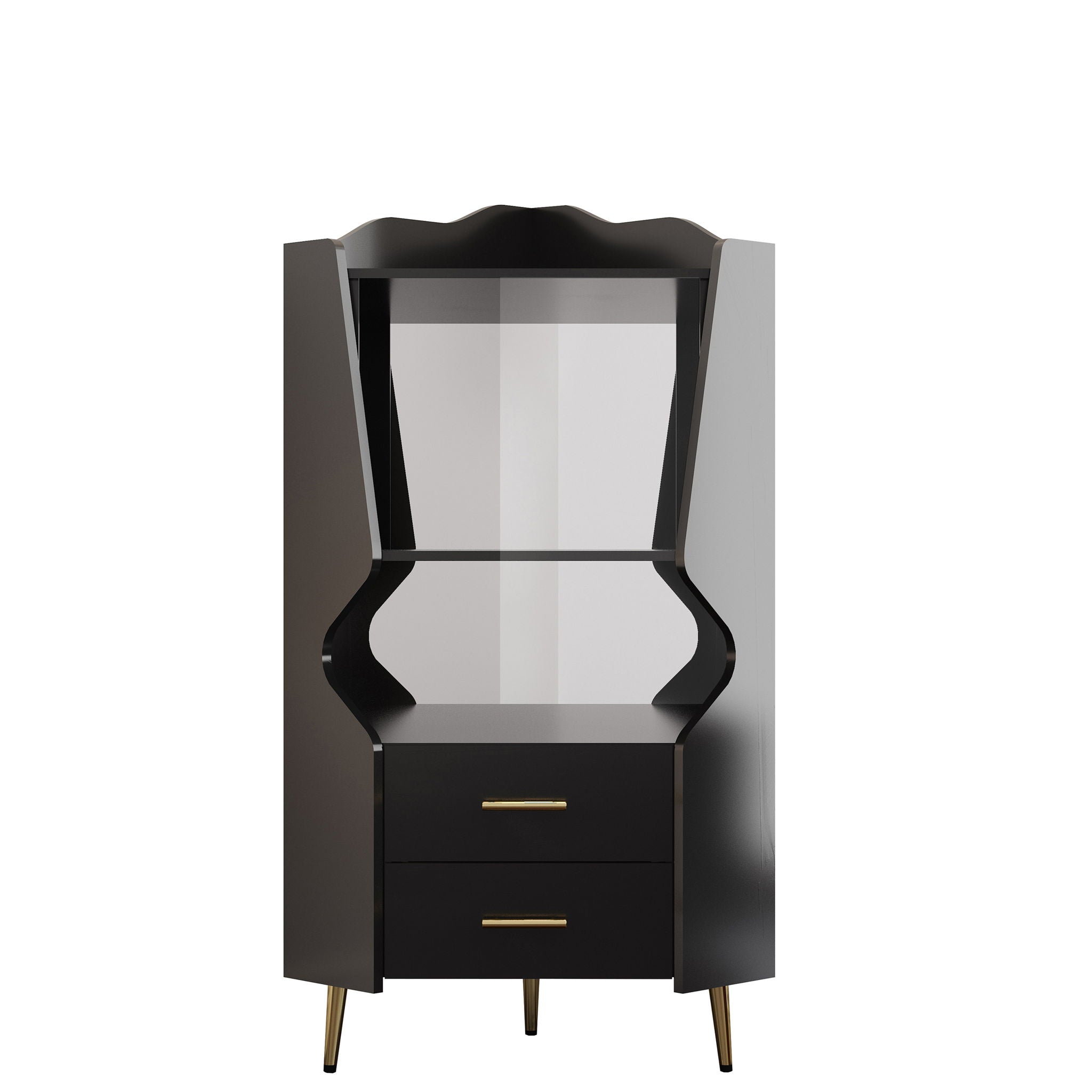 Corner Bar Cabinet With Mirrored Back, 2 Open Shelves & 2 Drawers, High Legs For Easy Cleaning