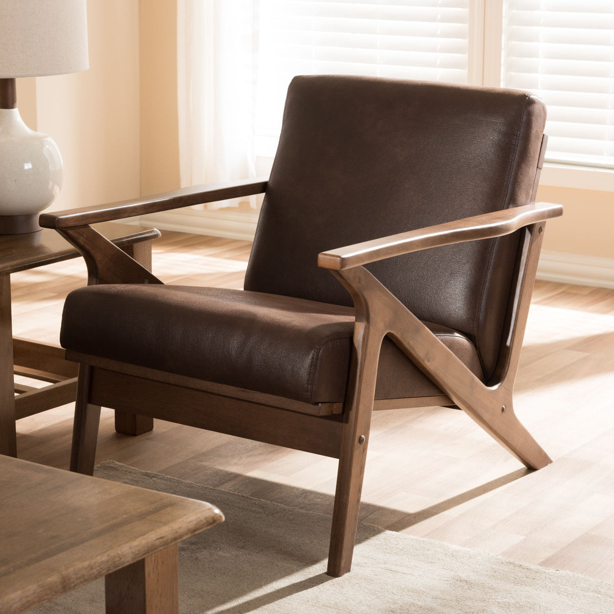 Bianca Mid-Century Modern Walnut Wood Dark Brown Distressed Faux Leather Lounge Chair