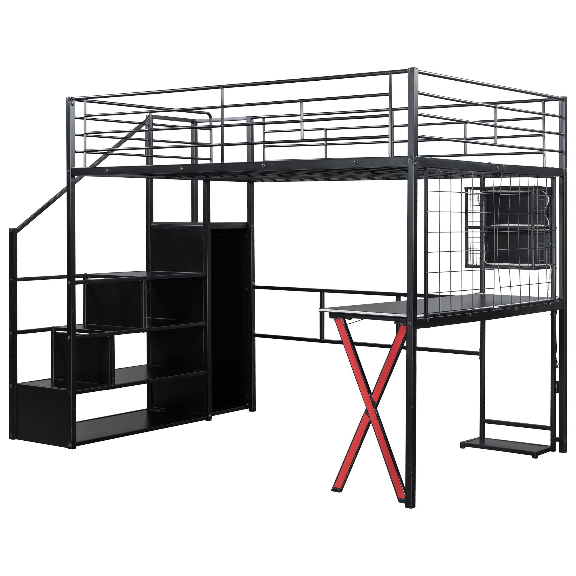 Loft Bed With Built In Work Station, Wardrobe, Storage Staircase And LED