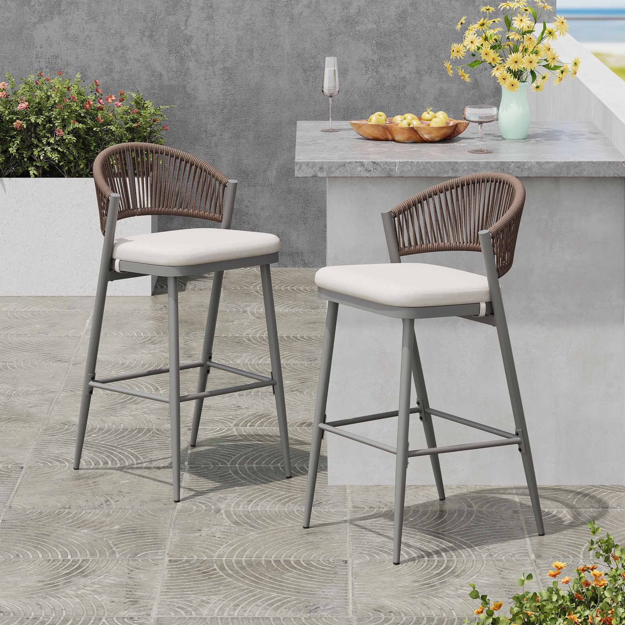 Outdoor Bar Height Metal Frame Counter Stools With Scallop Shaped Backrest & Water Resistant Cushions