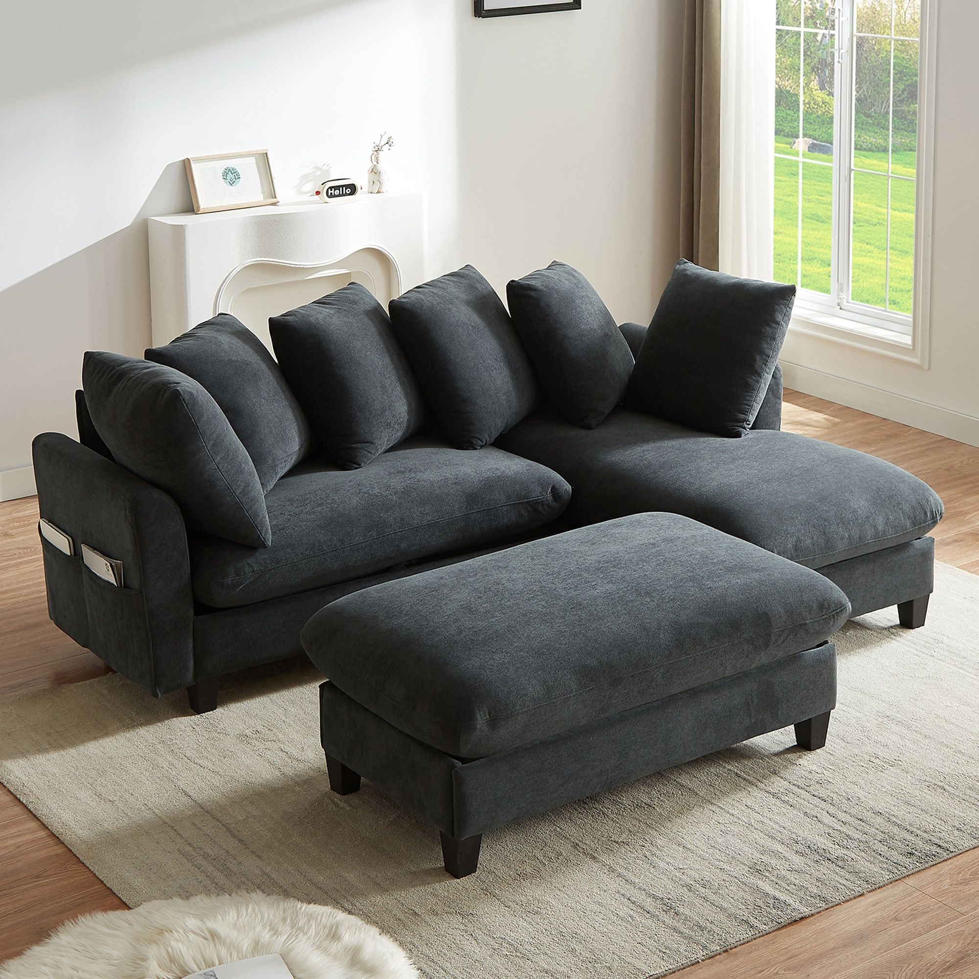 Upholstered L Shaped Sectional Sofa With Storage, Movable Ottoman, And 6 Throw Pillows