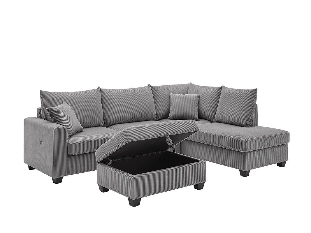 Rowan 107"W Dark Gray Corduroy Fabric Sectional Sofa with Right Facing Chaise, USB & USB-C Charging Port, Storage Ottoman, and Pillows