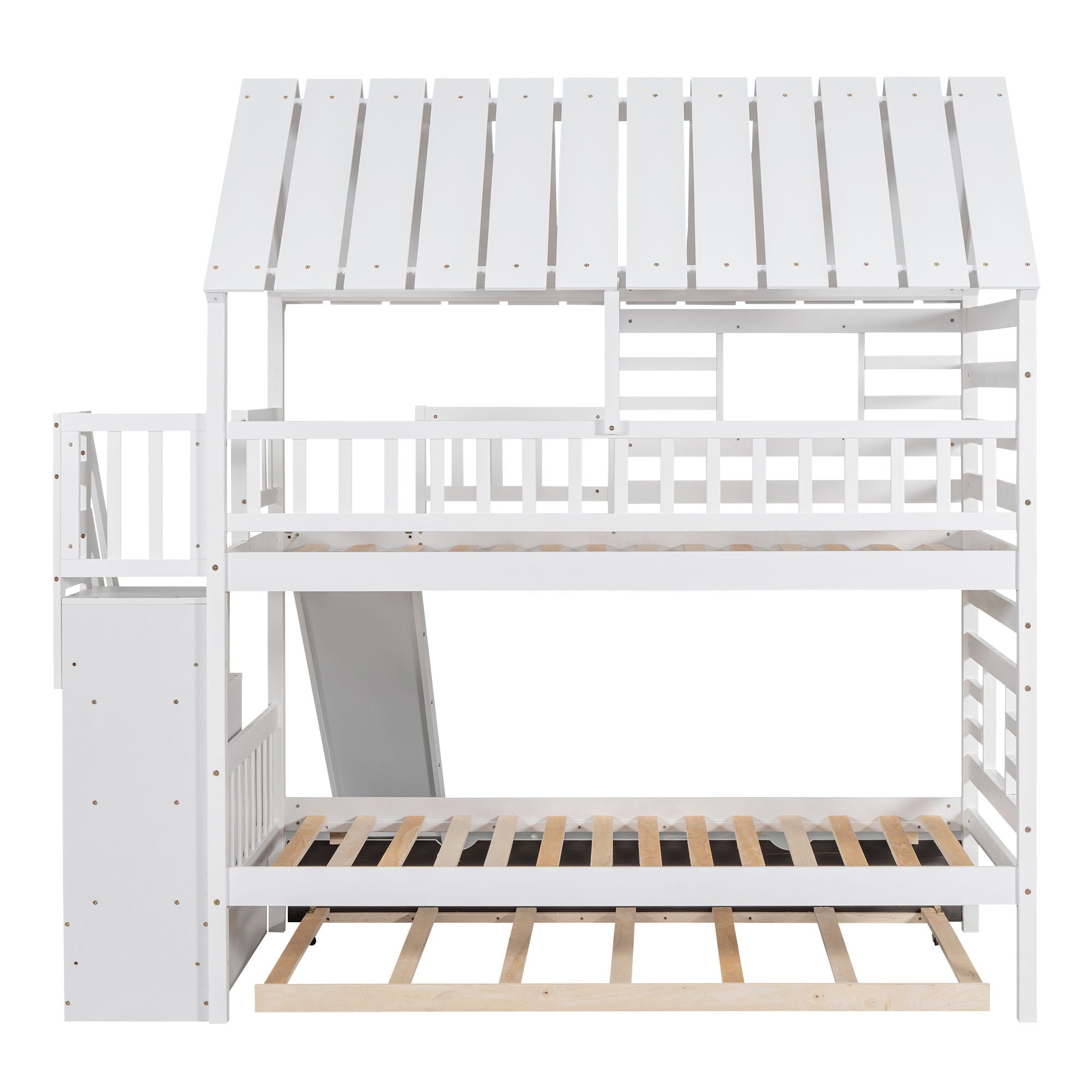 House Bunk Bed With Trundle, Storage Staircase, Roof And Window Design