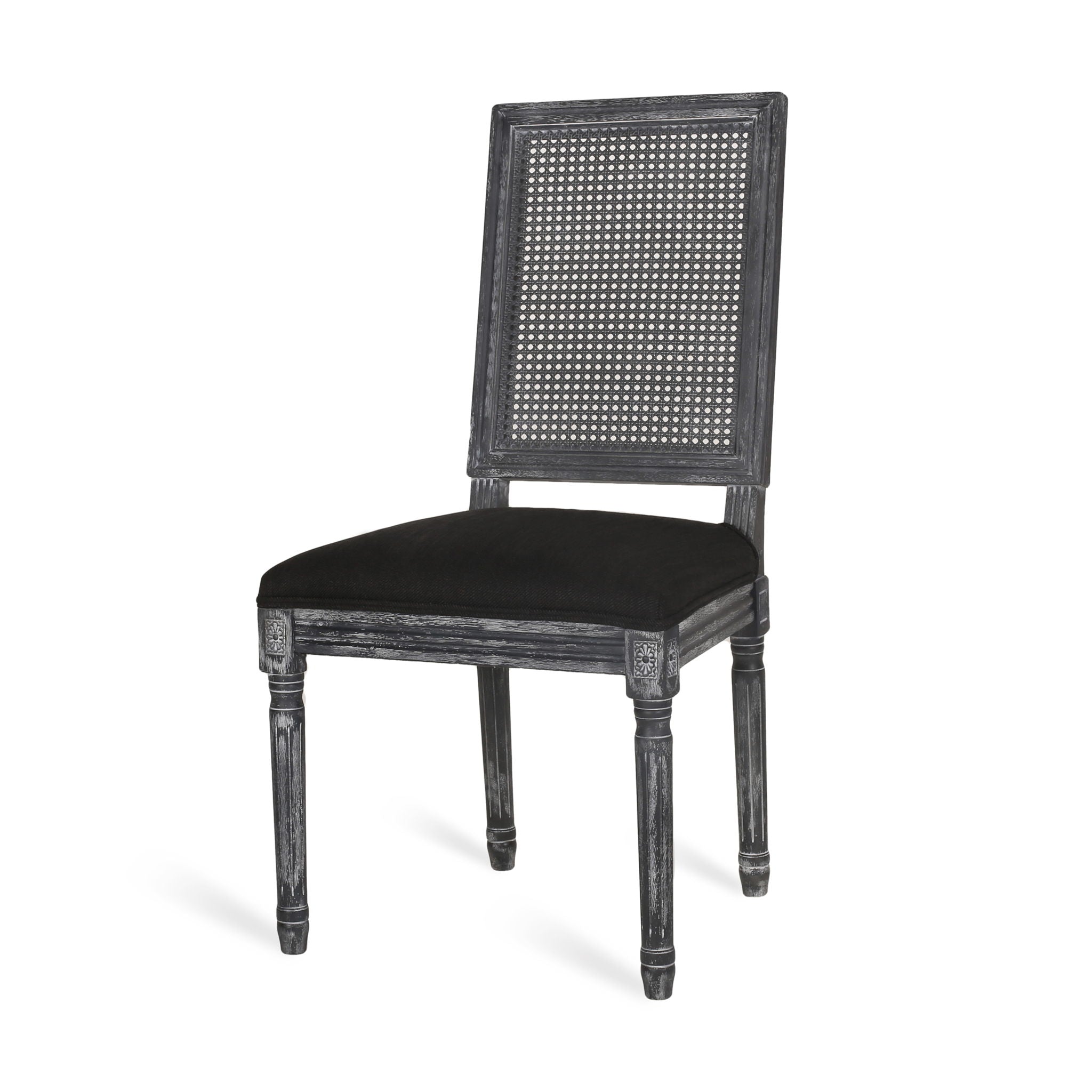 French Country Dining Chair With Rectangular Cane Backrest And Smooth Upholstered Seating