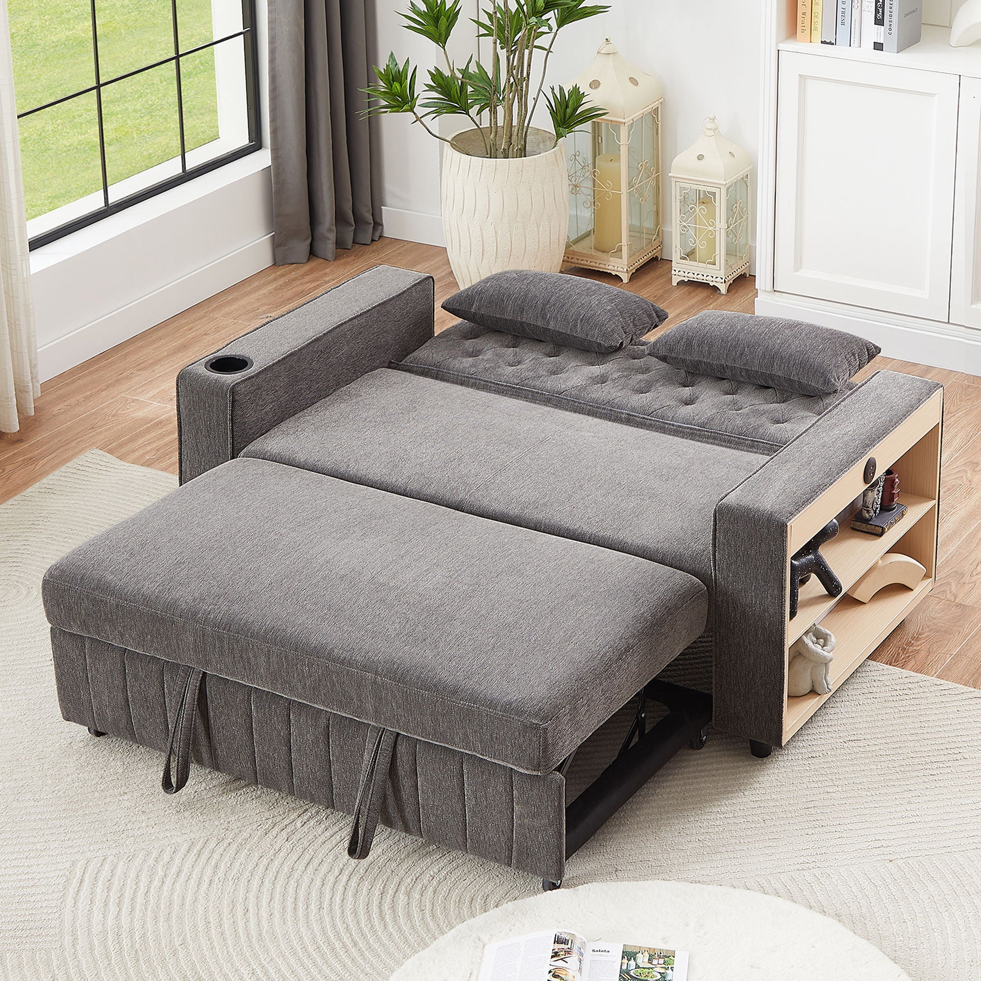 Pull-Out Sofa Bed Convertible Couch With Adjustable Backrest For Living Room