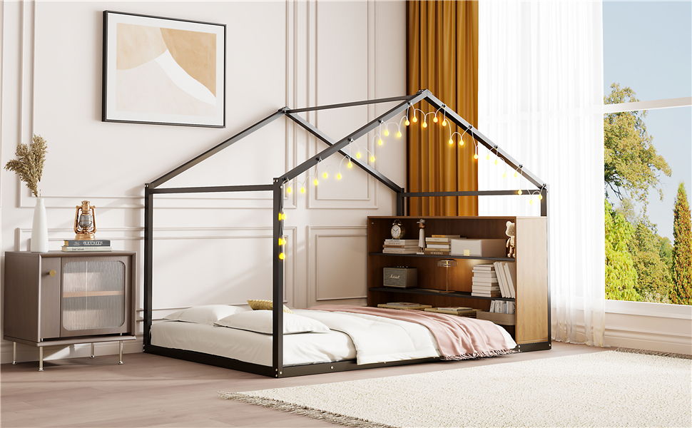 Bed House Frame With Shelves And Lights