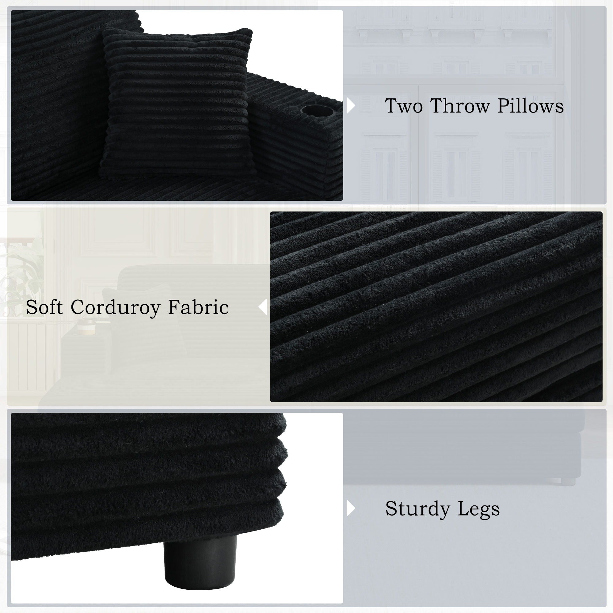 Oversized Loveseat Chaise With 2 USB Ports, 2 Cup Holders And 2 Throw Pillows