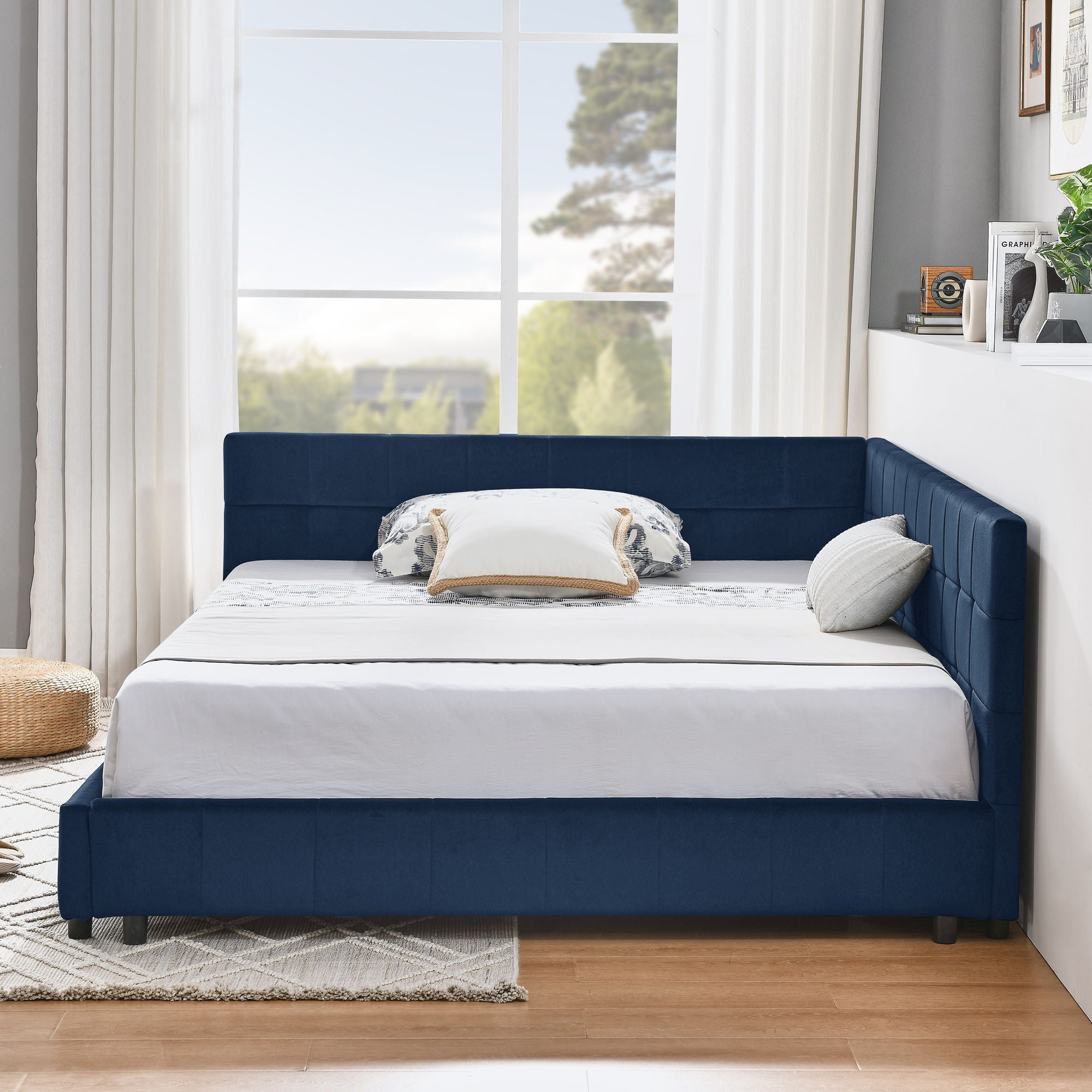 Mid-Century Storage Upholstered Tufted Bed Frame With Backrest And Armrests