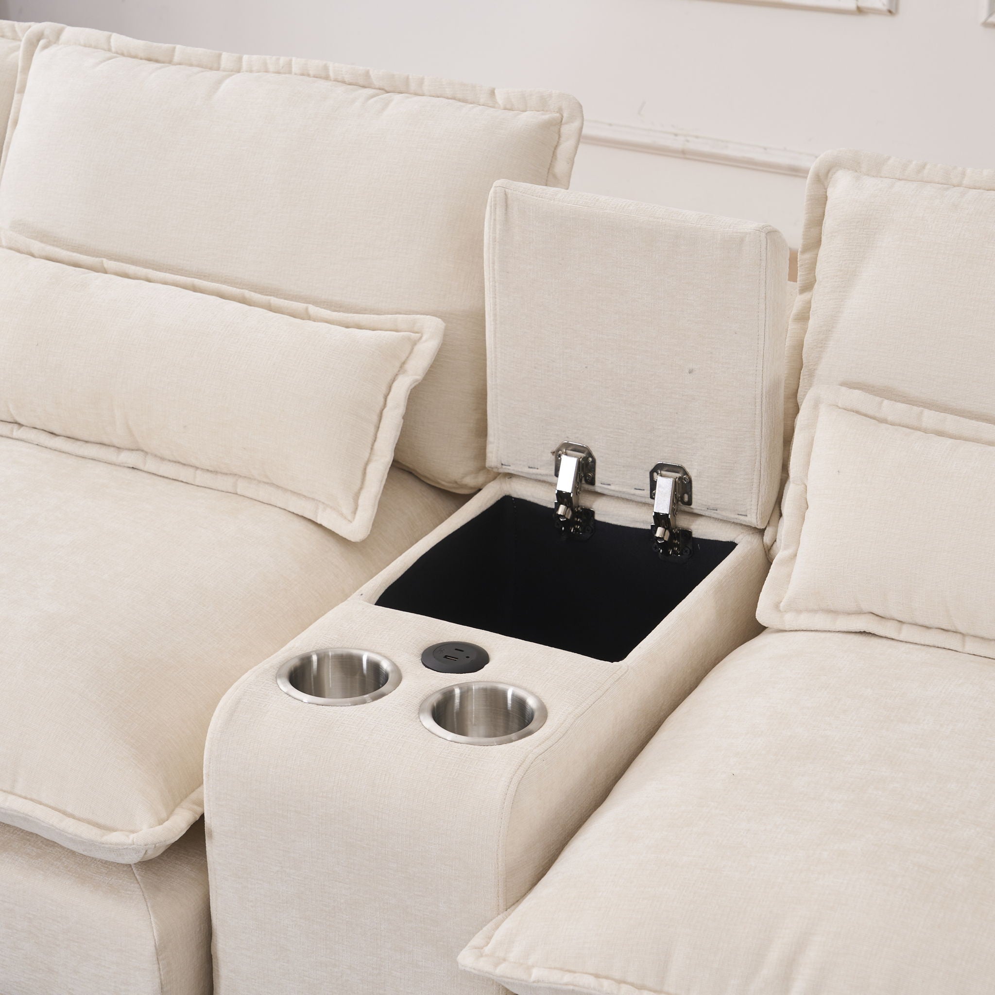 U Shaped Sofa With Console, Cupholders, USB Ports, 6 Seat, Bronzing Suede & Chenille