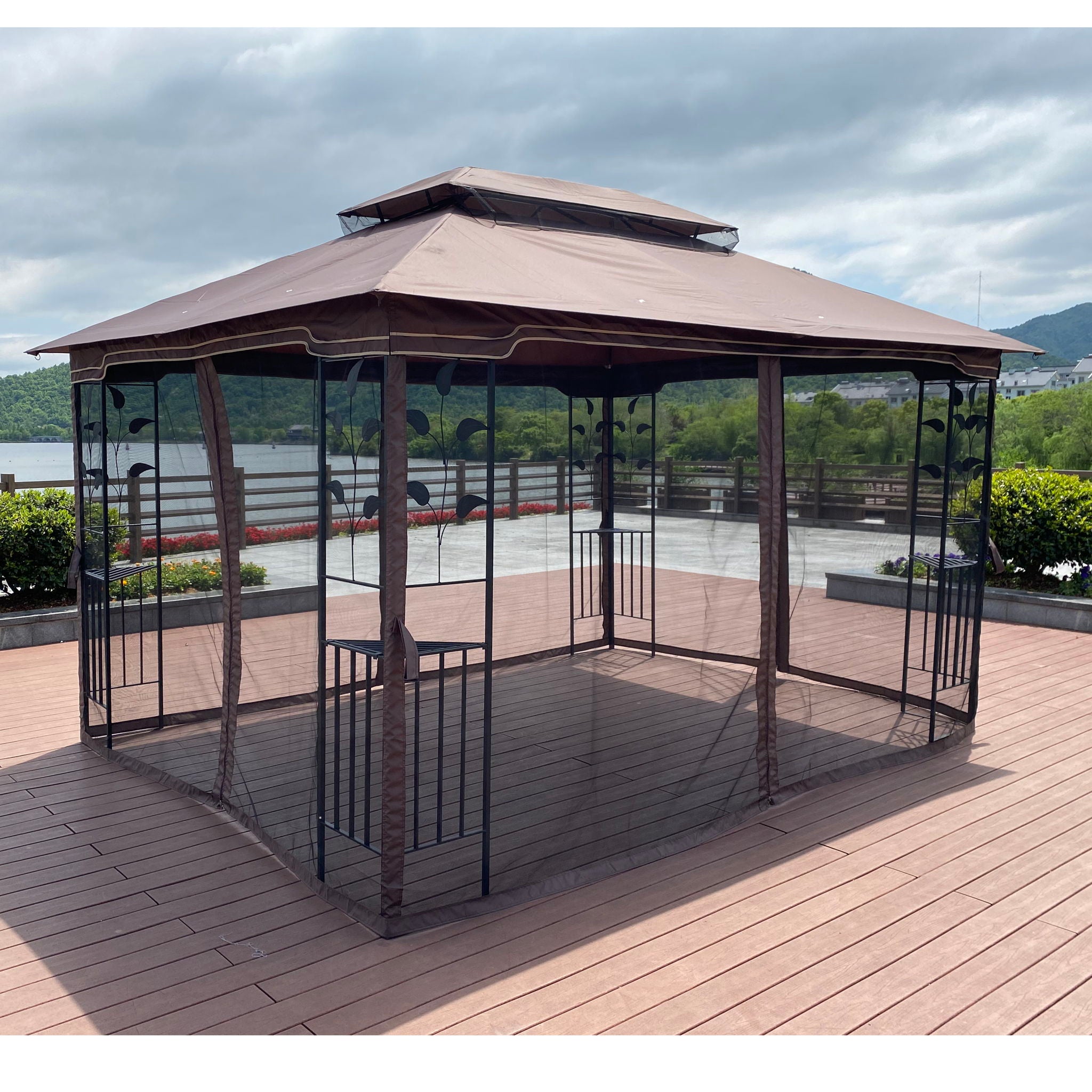 Patio Gazebo Tent With Ventilated Double Roof And Mosquito Net For Backyard Or Garden
