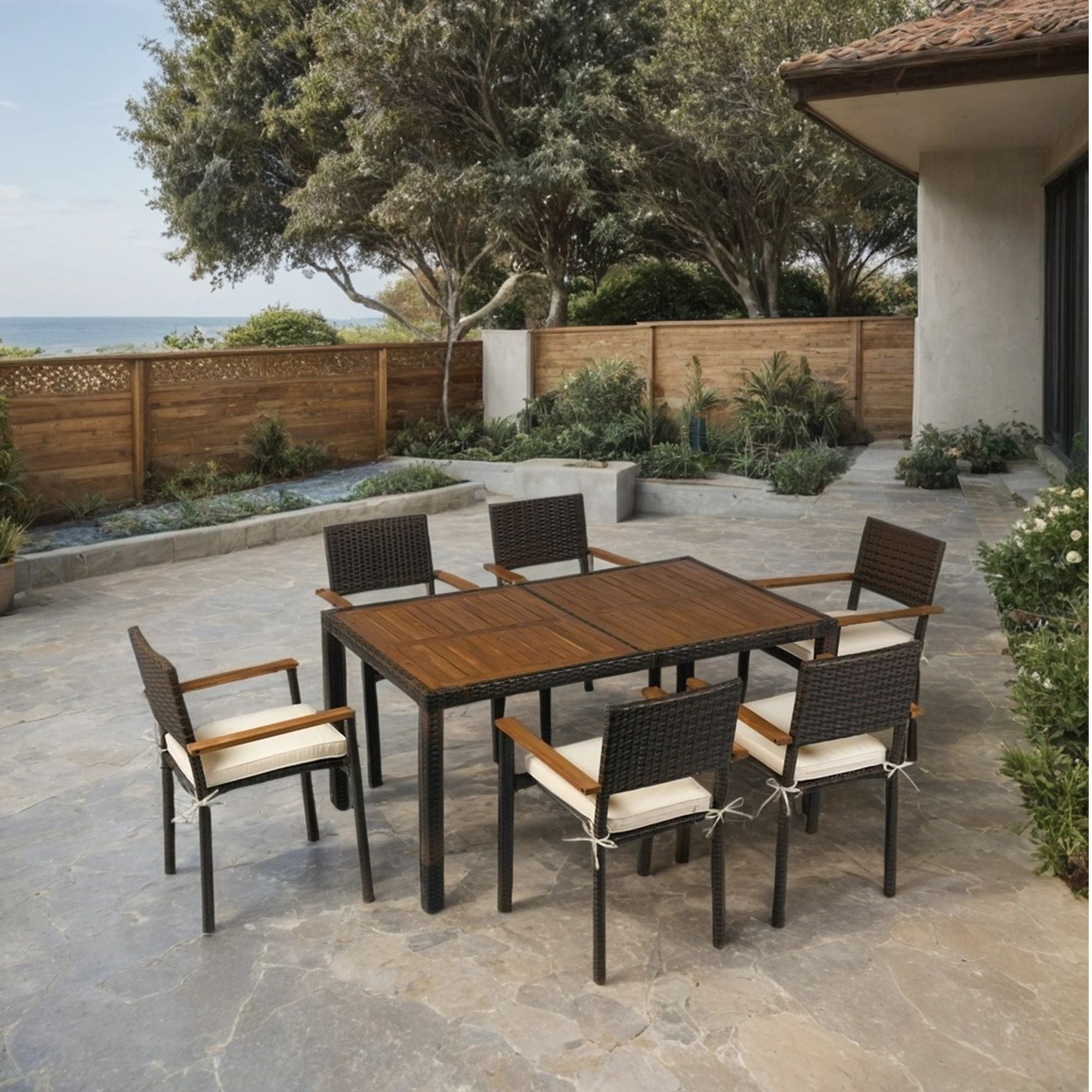 7 Piece Outdoor Patio Wicker Dining Set Patio Wicker Furniture Dining Set With Top - Brown / Cream