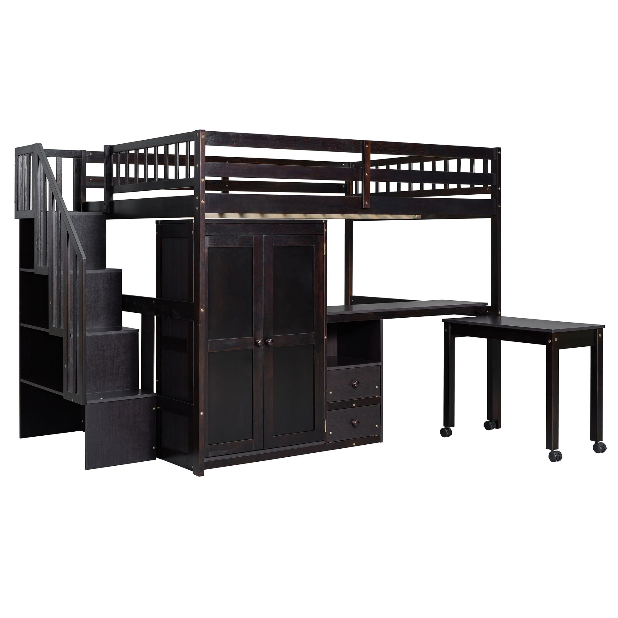 Loft Bed With Stairs, Bookshelf, Drawers, Desk & Wardrobe, Space Saving Multifunctional Furniture