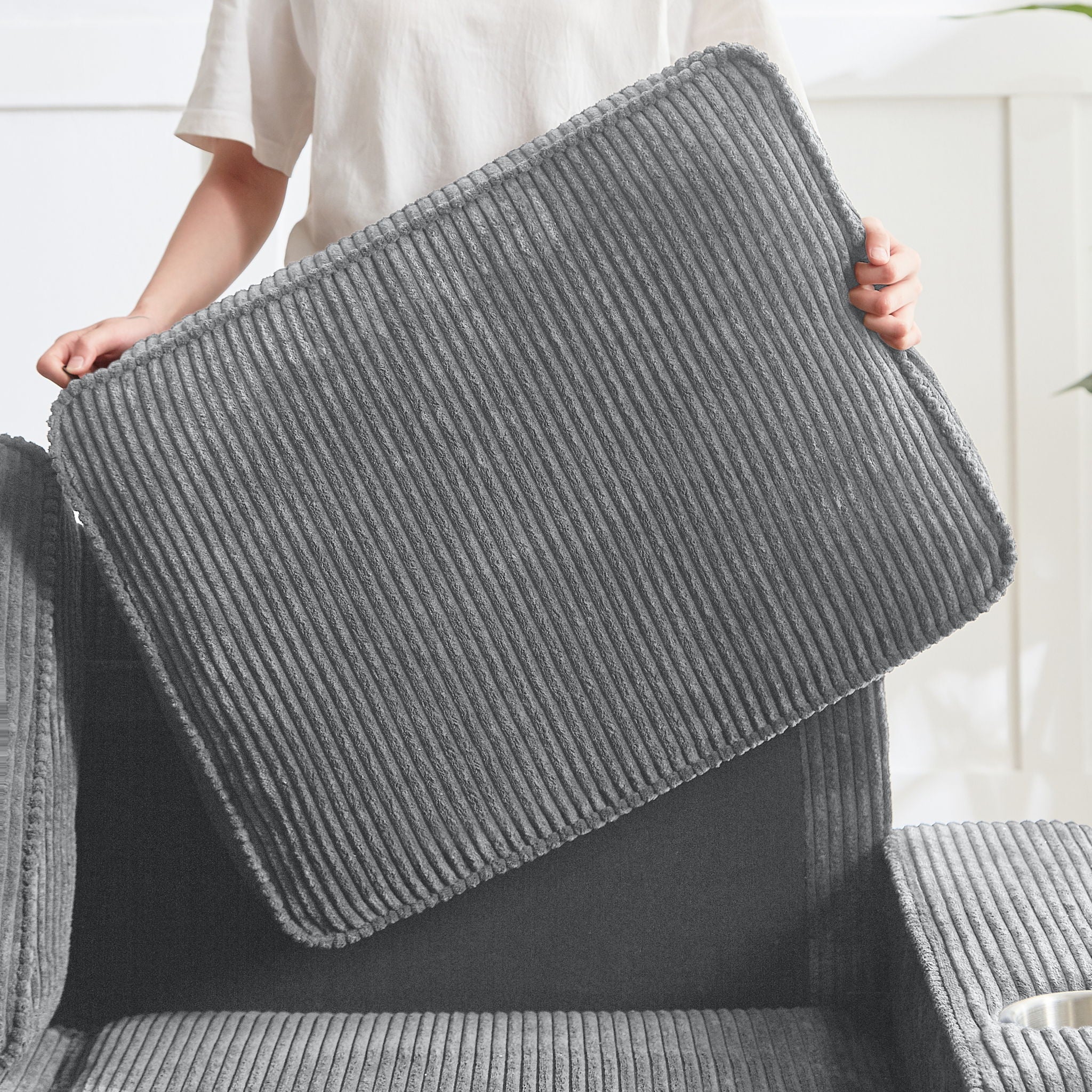 Modern Corduroy Fabric Sofa, 3 Seater Compressed Couch With Cup Holders