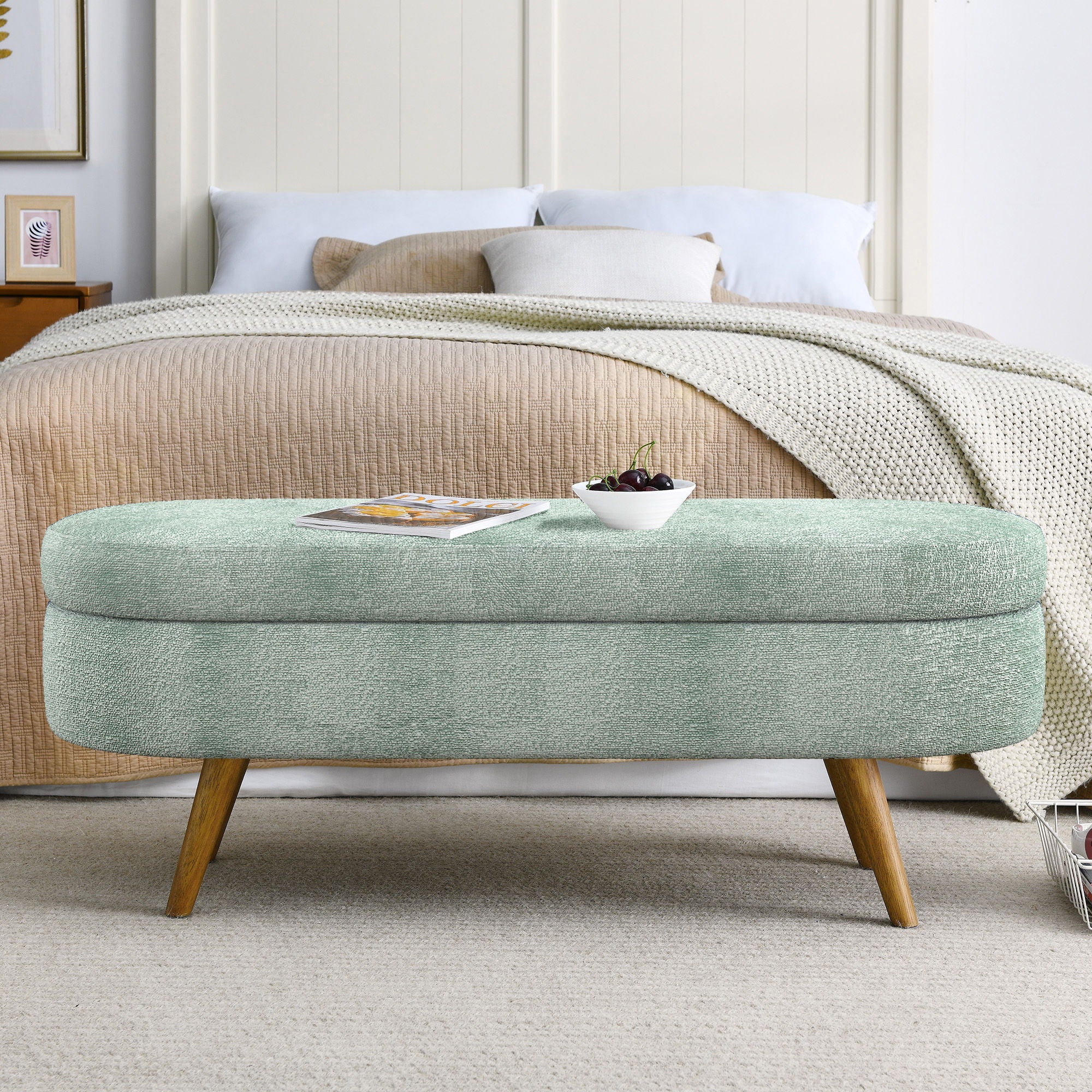 Modern Ottoman Oval Storage Bench With Rubber Wood Legs