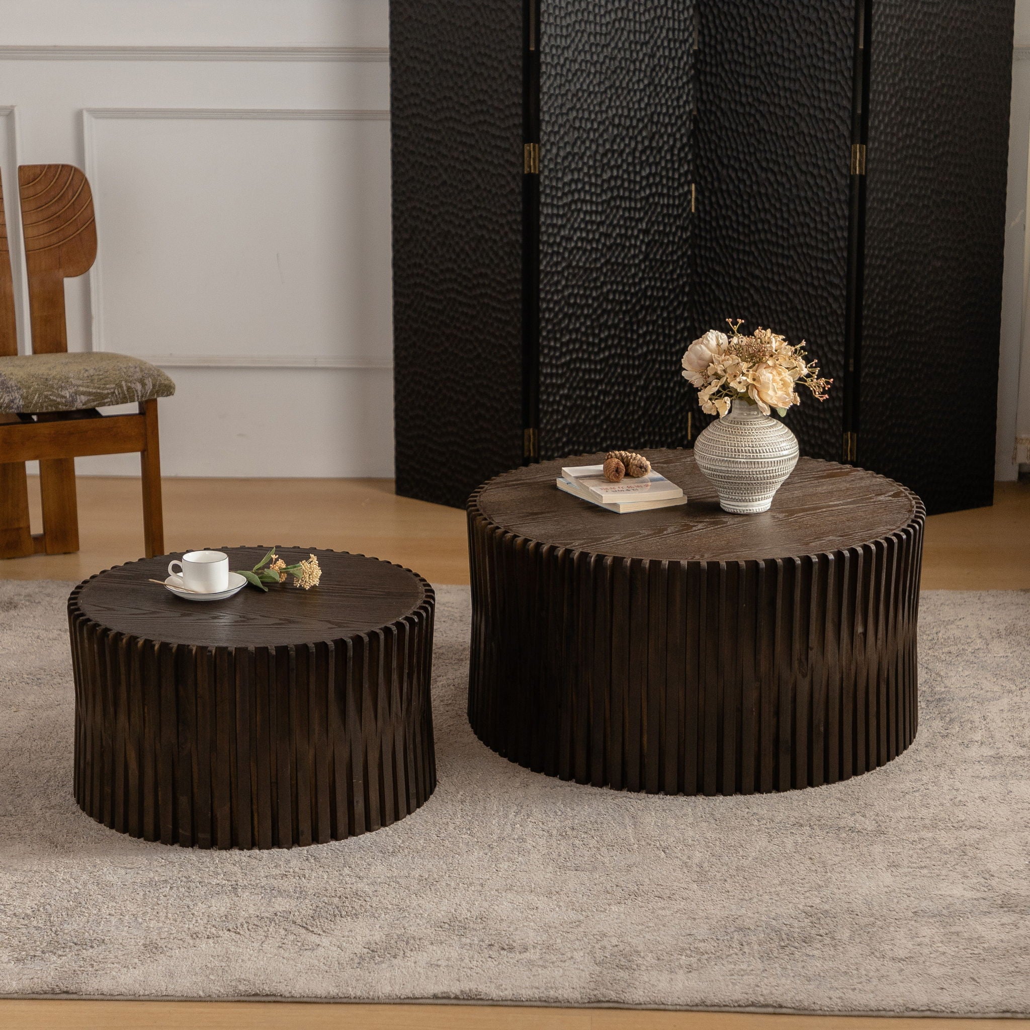 Cylindrical Coffee Table With Vertical Texture Relief