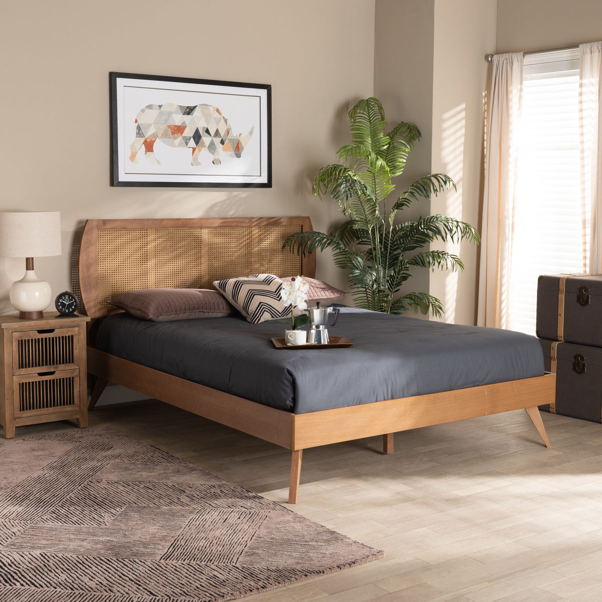 Asami Mid-Century Modern Walnut Brown Finished Wood and Synthetic Rattan King Size Platform Bed