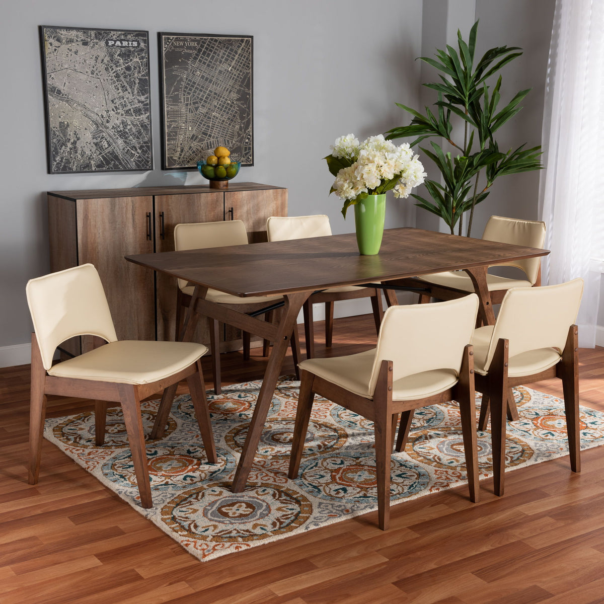 Afton Mid-Century Modern Beige Faux Leather Upholstered and Walnut Brown Finished Wood 7-Piece Dining Set
