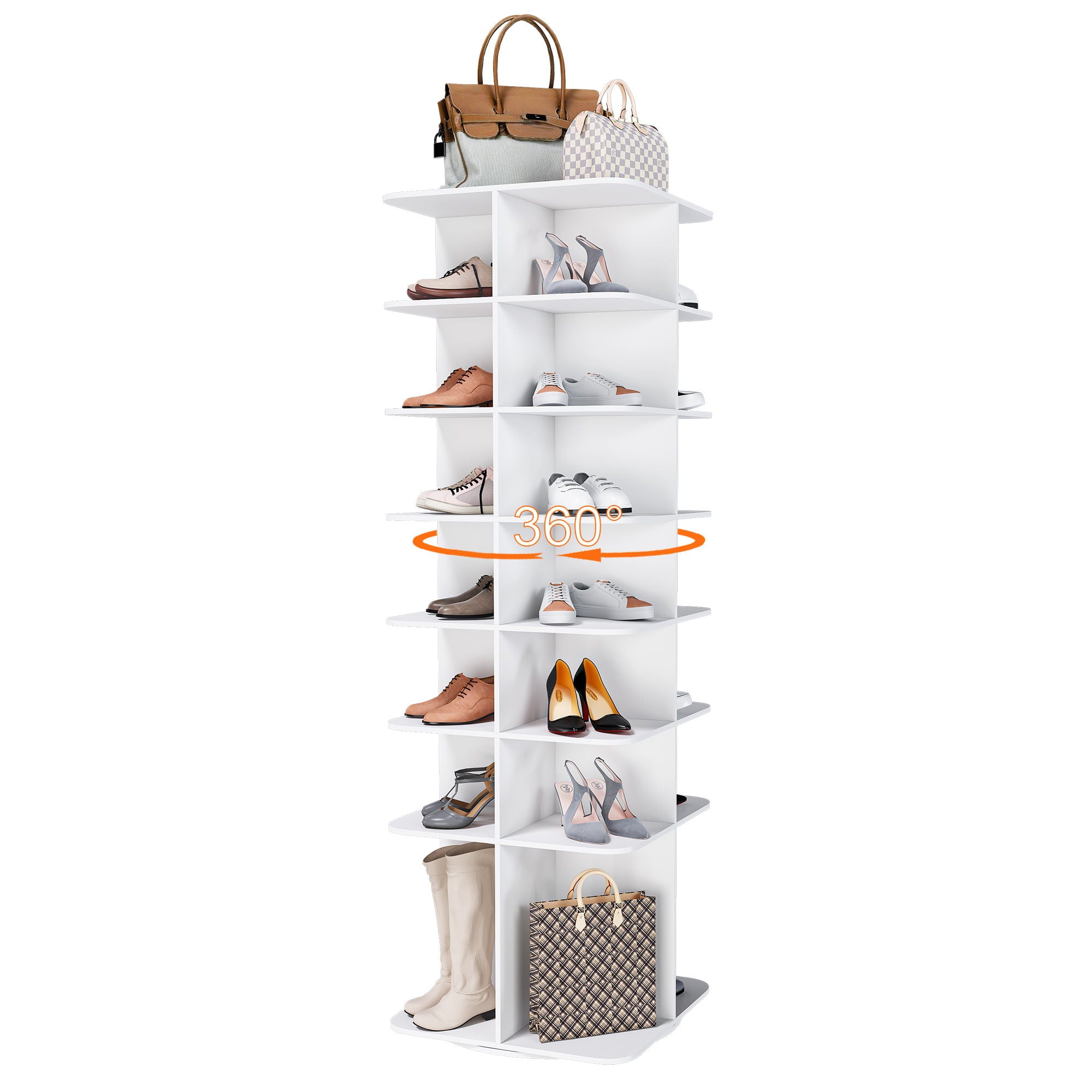 7 Tier Square Rotating Shoe Rack Tower With 360° Spinning Organizer - White