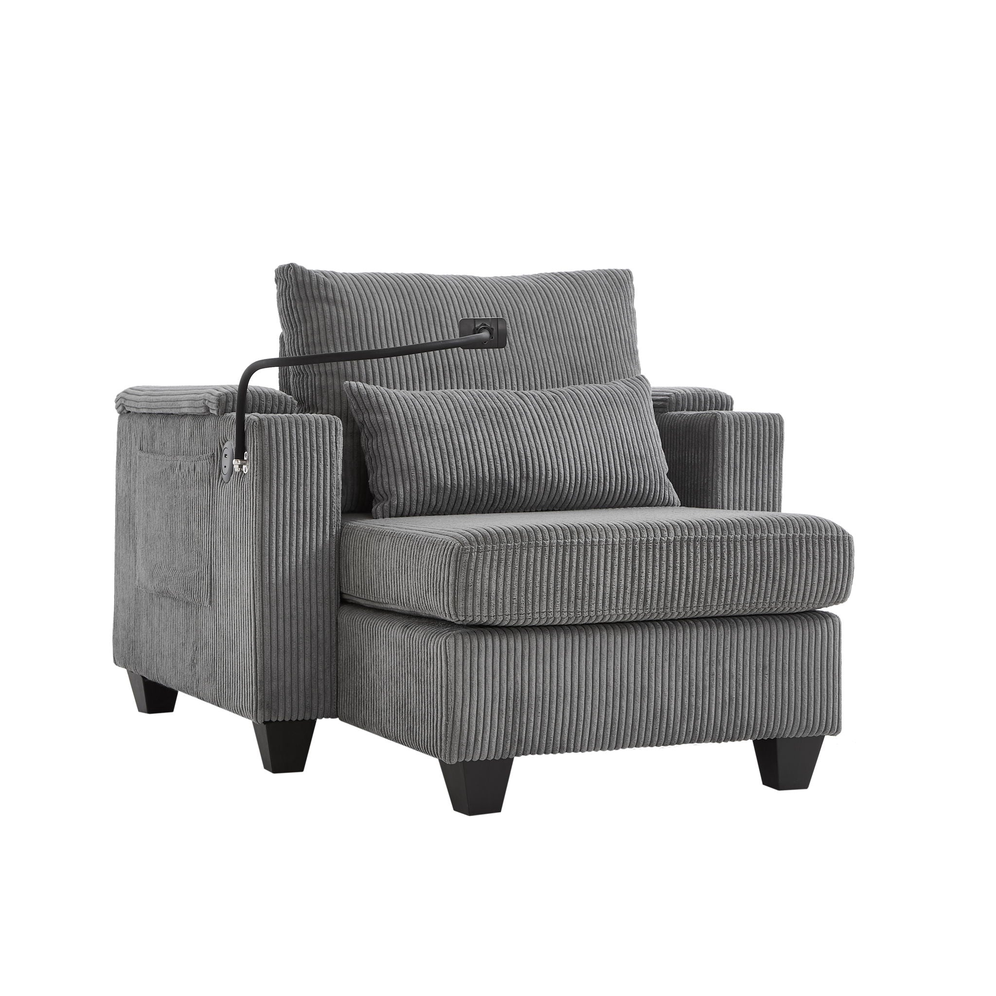 Convertible Chaise Lounge Sofa Chair With USB Ports, Cup Holders, Phone Holder And Storage