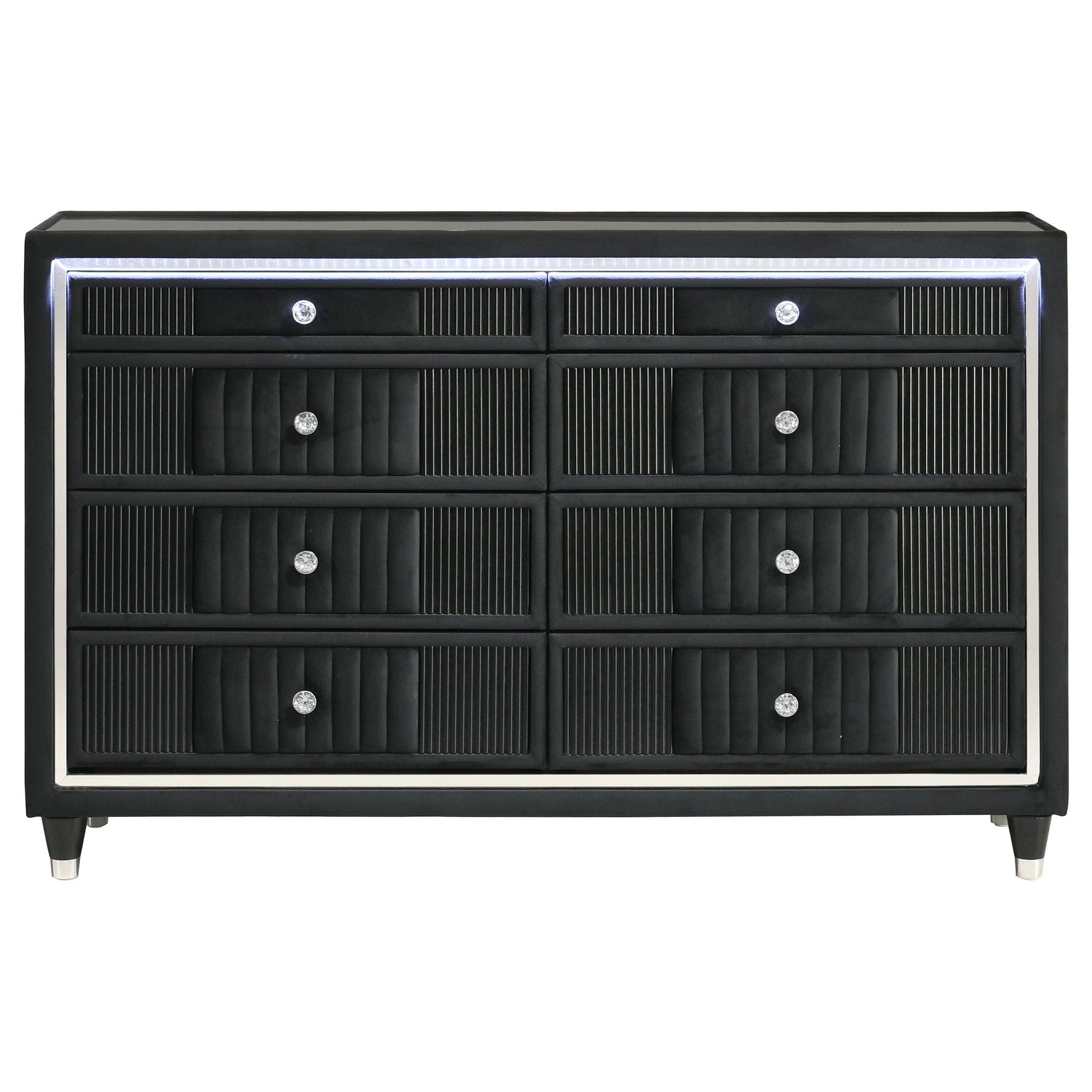 Ravenne 8-drawer Velvet Upholstered LED Dresser Cabinet Black
