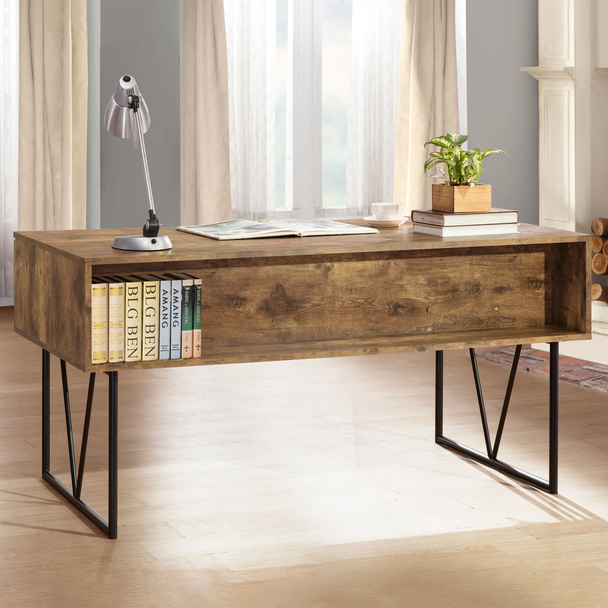 Rustic Industrial Charm Writing Desk With 4 Drawers And Open Shelf