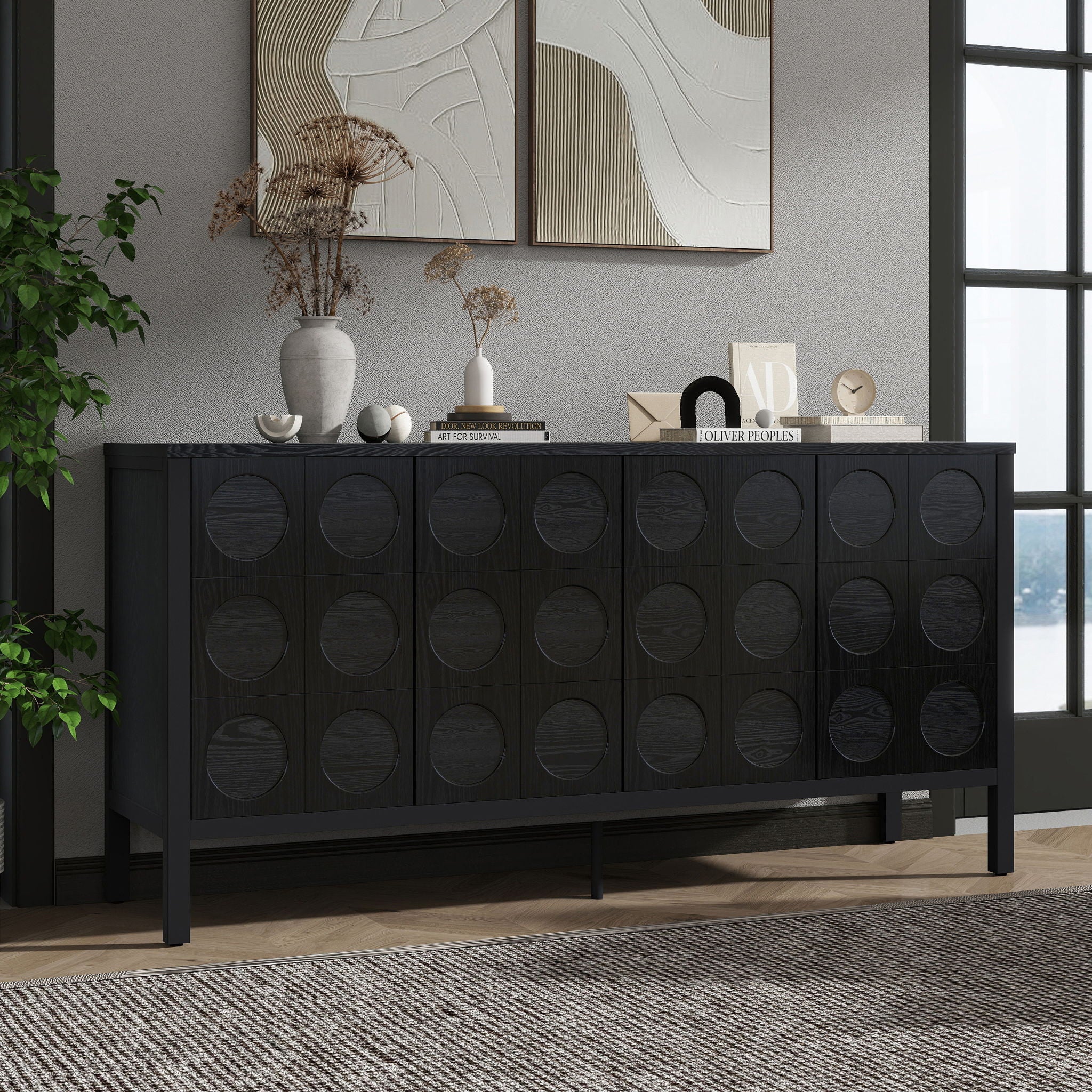Stylish Storage Cabinet Sideboard With Unique Geometric Circle Door Design - Black
