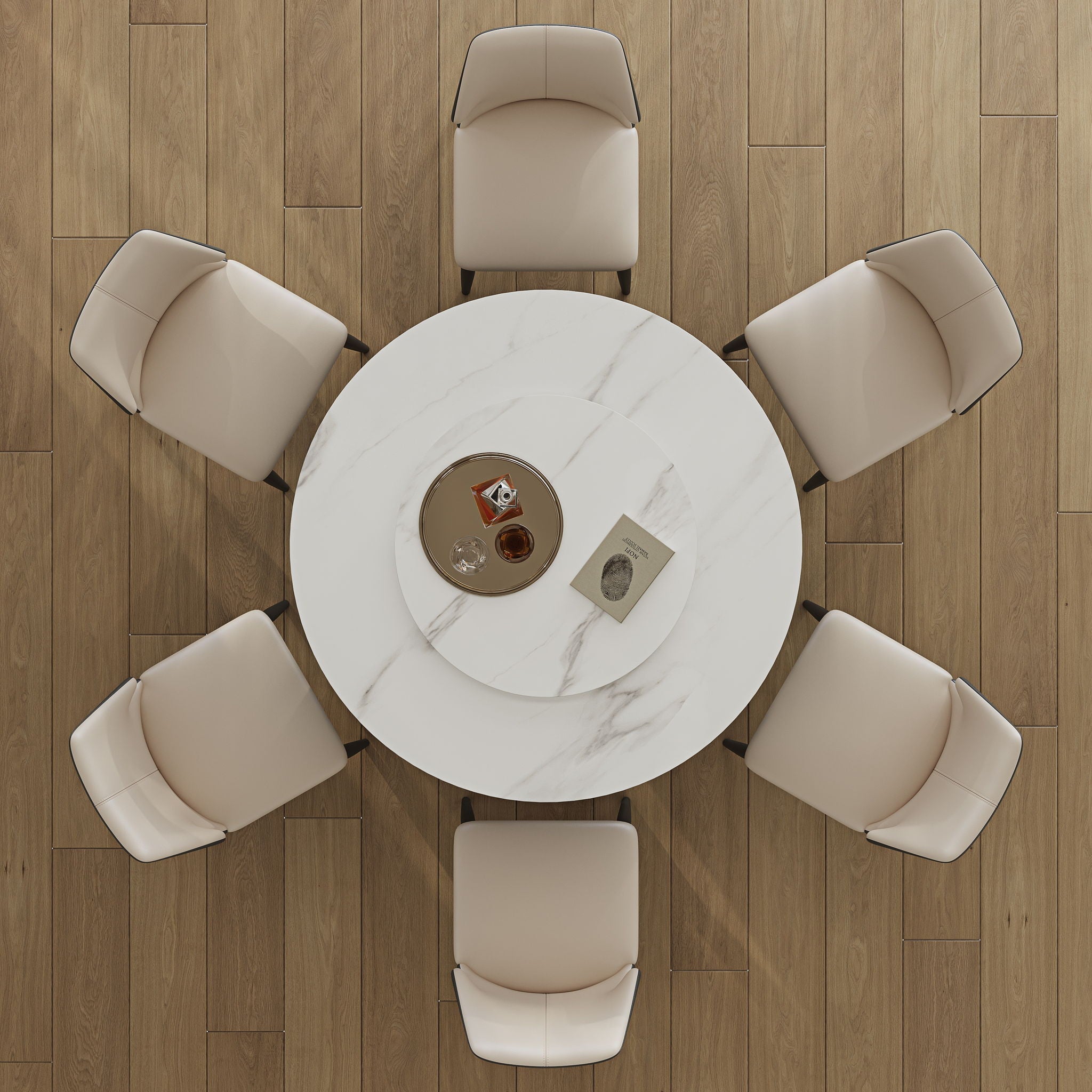 Modern Sintered Stone Dining Table With Round Turntable, Metal Pedestal, And Chairs