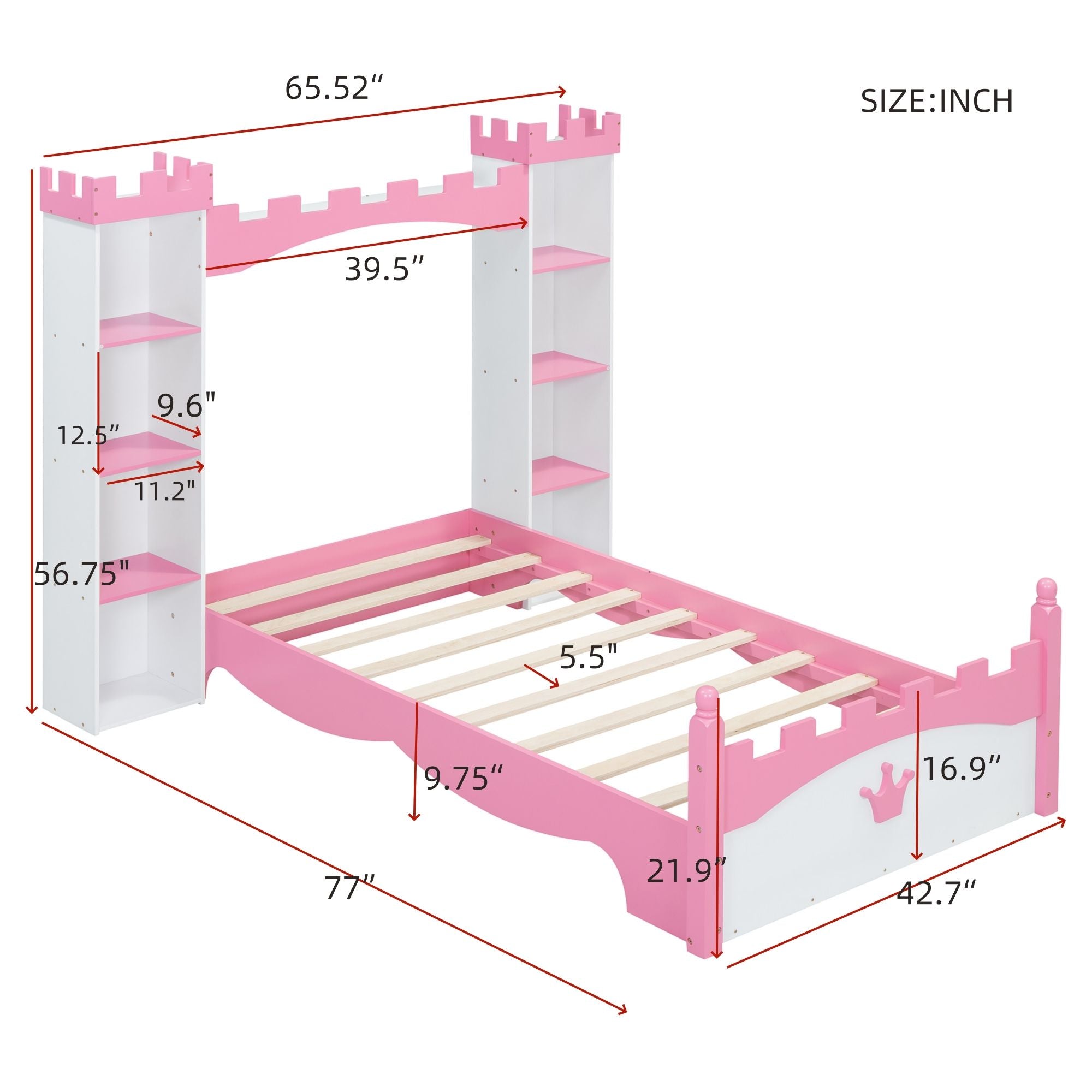 Castle Shaped Bed With Storage Shelf, Dreamy Platform Bed For Kids Bedroom