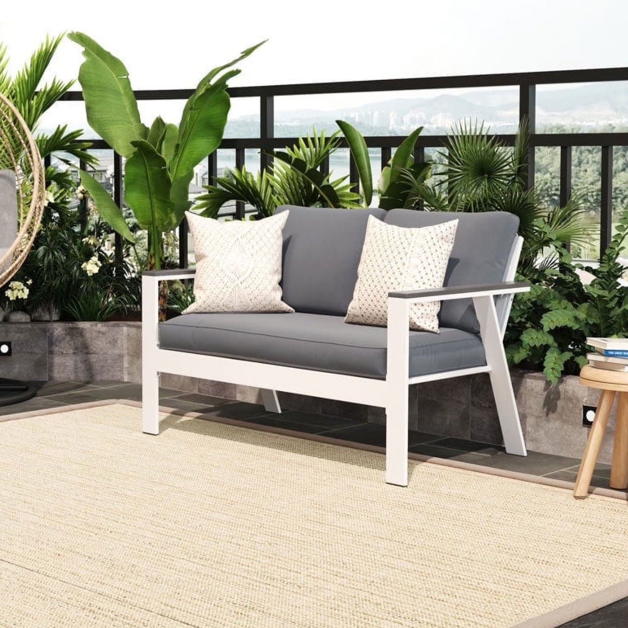 All Weather Patio Loveseat With Armrests & Angled Backrest - White / Gray