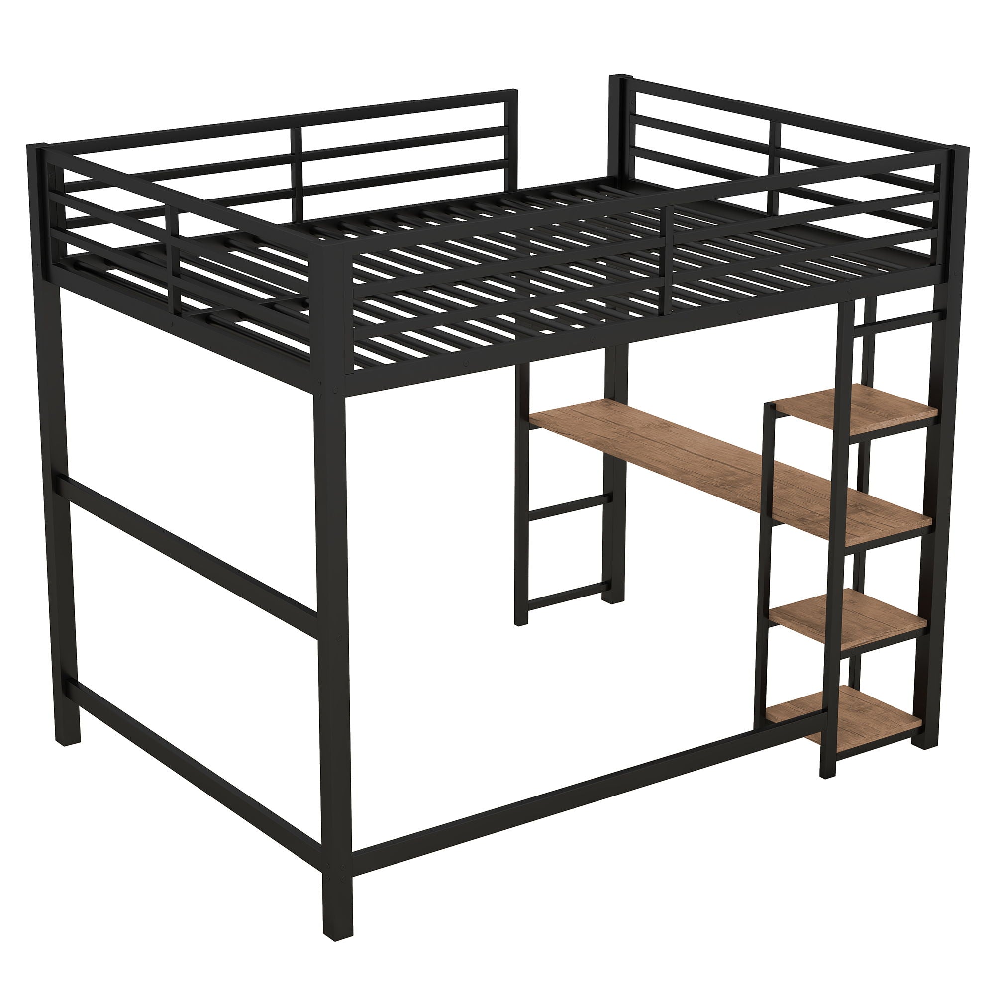 Loft Bed With Built In Desk And Storage Shelves, Full Size - Black