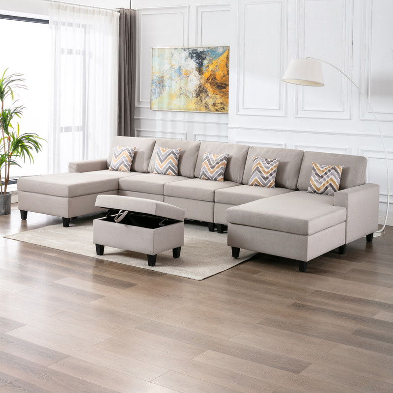 Nolan 152"W Beige Linen Fabric 6Pc Double Chaise Sectional Sofa with Interchangeable Legs, Storage Ottoman, and Pillows