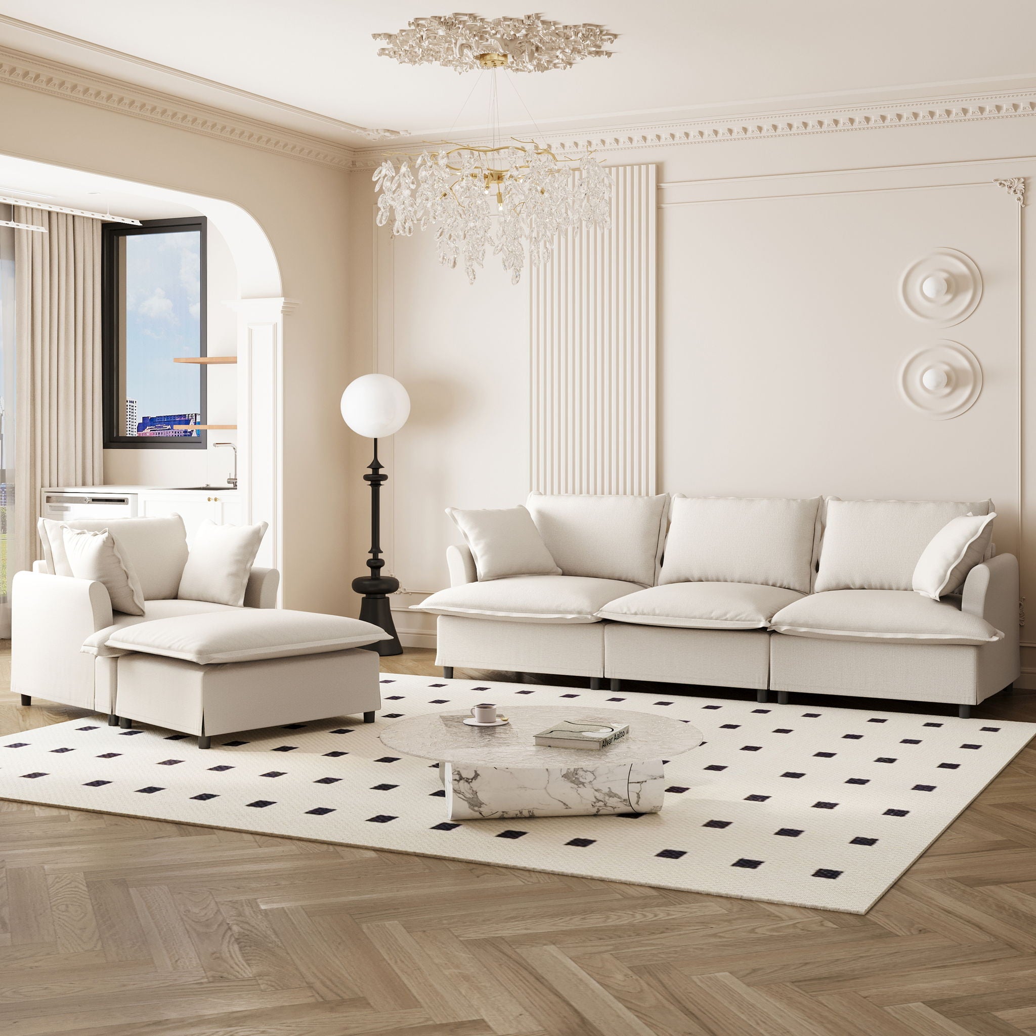 Living Room Set Modular Sectional Couch, Upholstered Sofa & Armchair & Movable Ottoman