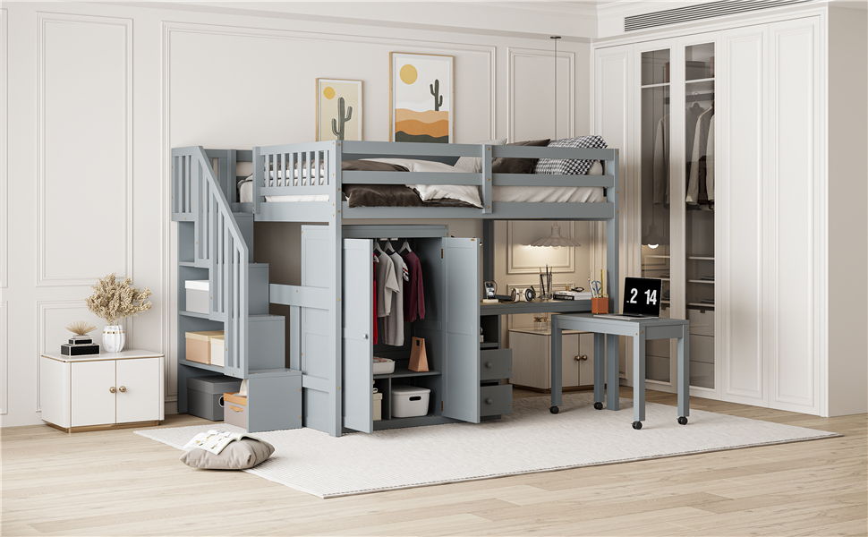 Loft Bed With Stairs, Bookshelf, Drawers, Desk & Wardrobe, Space Saving Multifunctional Furniture