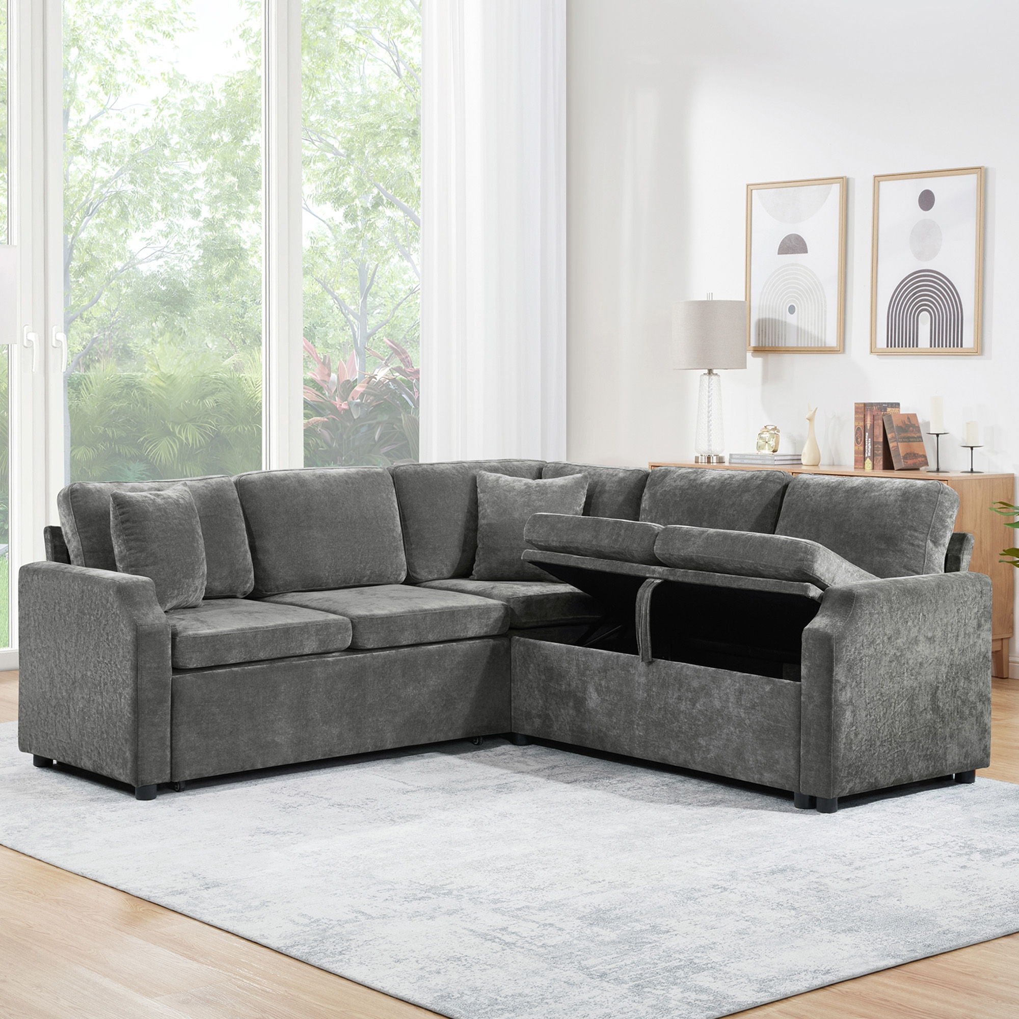 Modern L Shaped Sectional Sofa Bed With Hidden Storage Chenille Upholstery