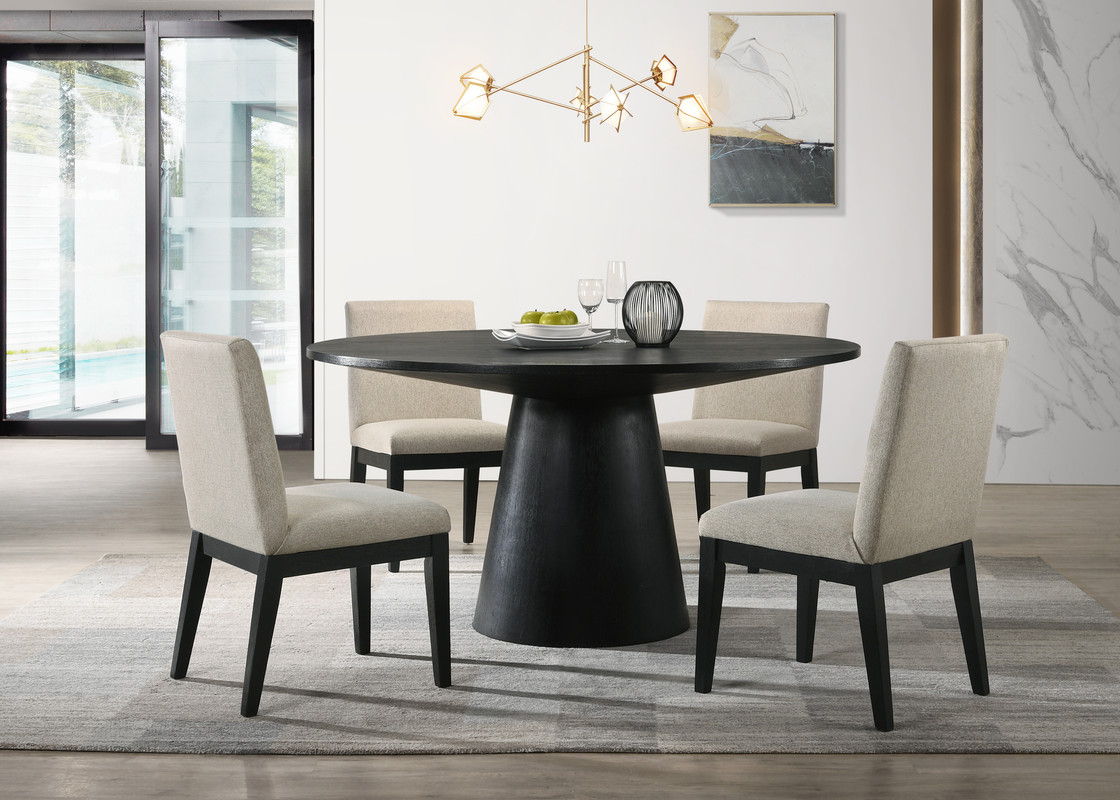 Jasper Ebony Black 5 Piece 59" Contemporary Round Dining Table Set with Pedestal Base and Beige Fabric Chairs