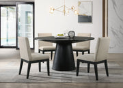 Jasper Ebony Black 5 Piece 59" Contemporary Round Dining Table Set with Pedestal Base and Beige Fabric Chairs