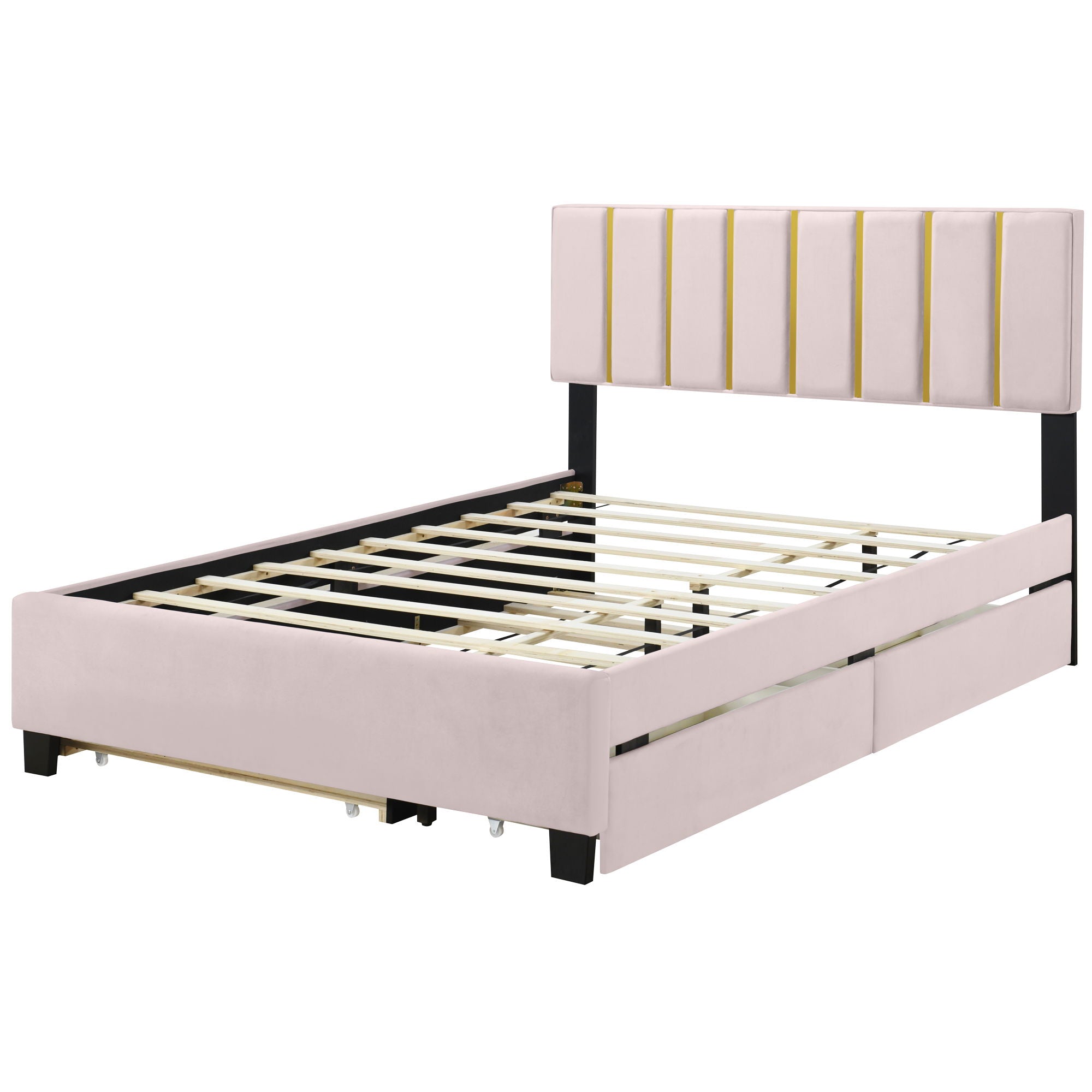 Upholstered Platform Bed With 2 Drawers And 1 Trundle, Classic Strip Headboard Design