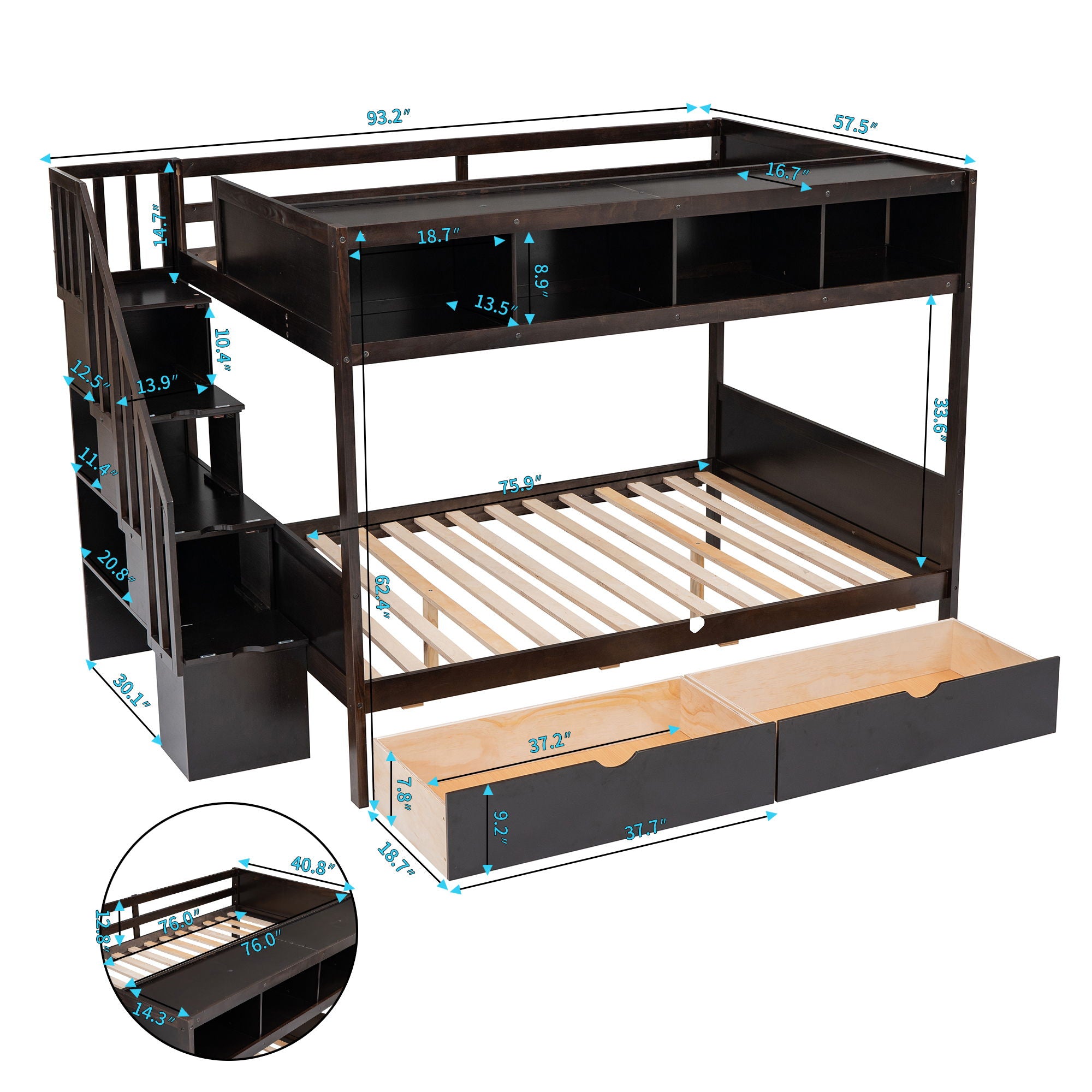 Bunk Bed With Shelfs, Storage Staircase And 2 Drawers