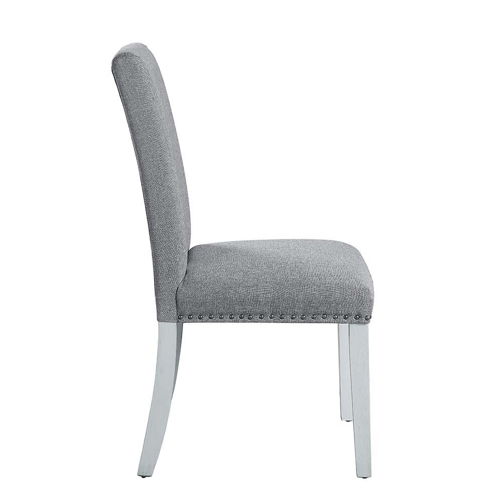 ACME Lanton - Side Chair (Set of 2) - Gray Linen & Antique White Finish | Meri Furniture