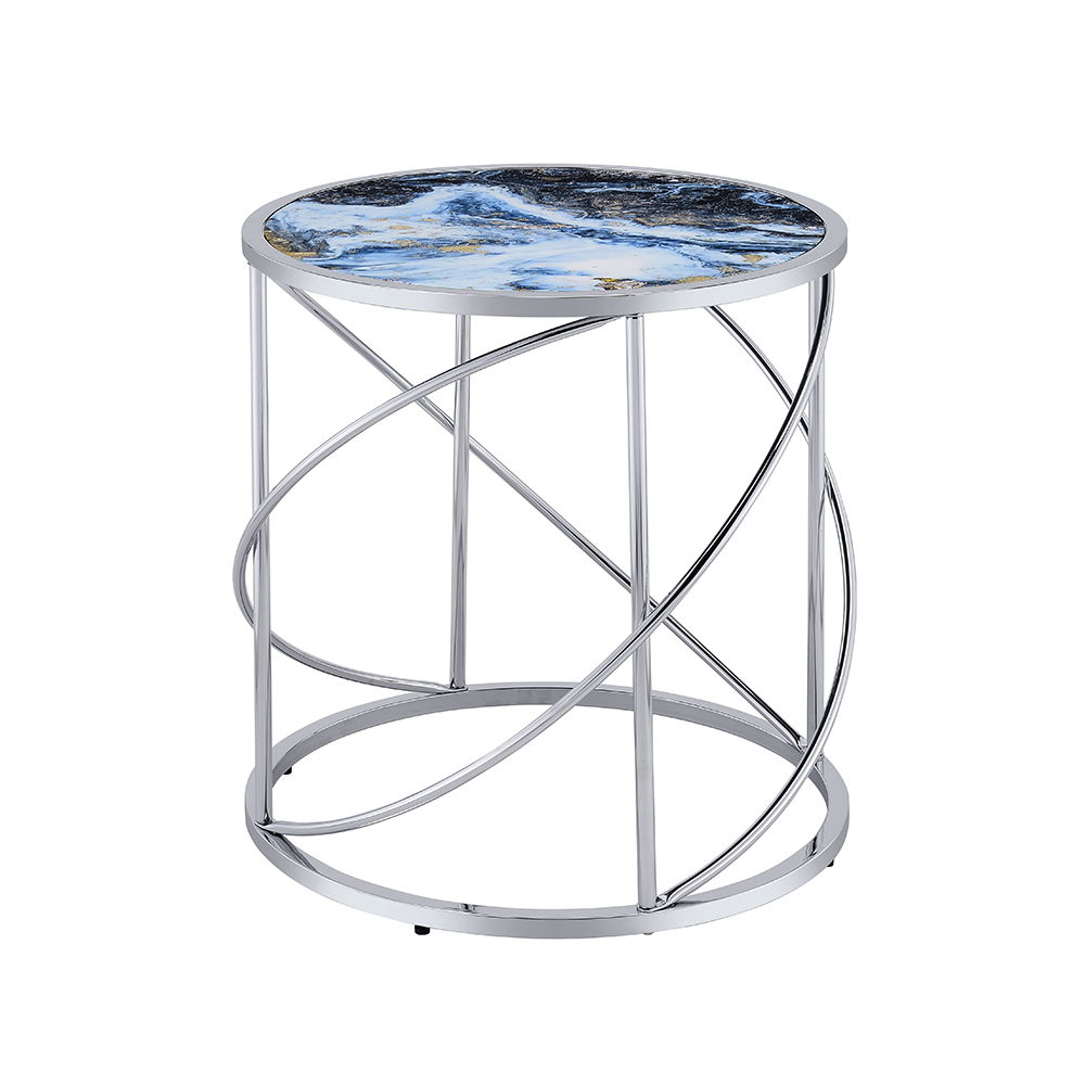 ACME Lyda - End Table - Blue Marble Print & Chrome | Meri Furniture